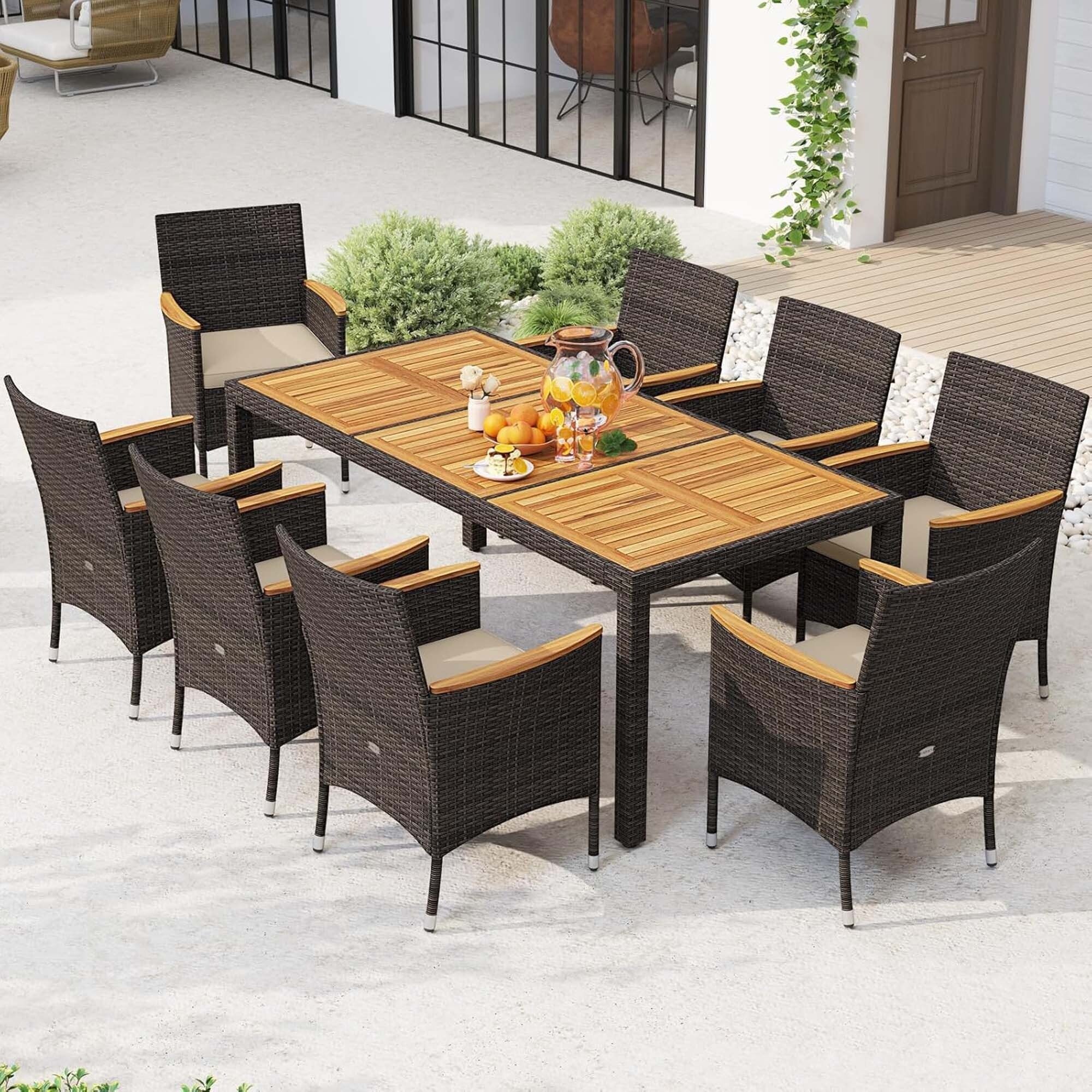 Ensemble de salle à manger d'extérieur en osier PE 9 pièces avec table et chaises en bois d'acacia