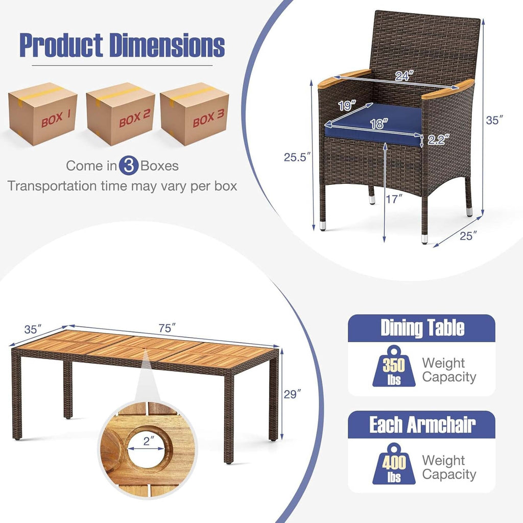 Ensemble de salle à manger d'extérieur en osier PE 9 pièces avec table et chaises en bois d'acacia