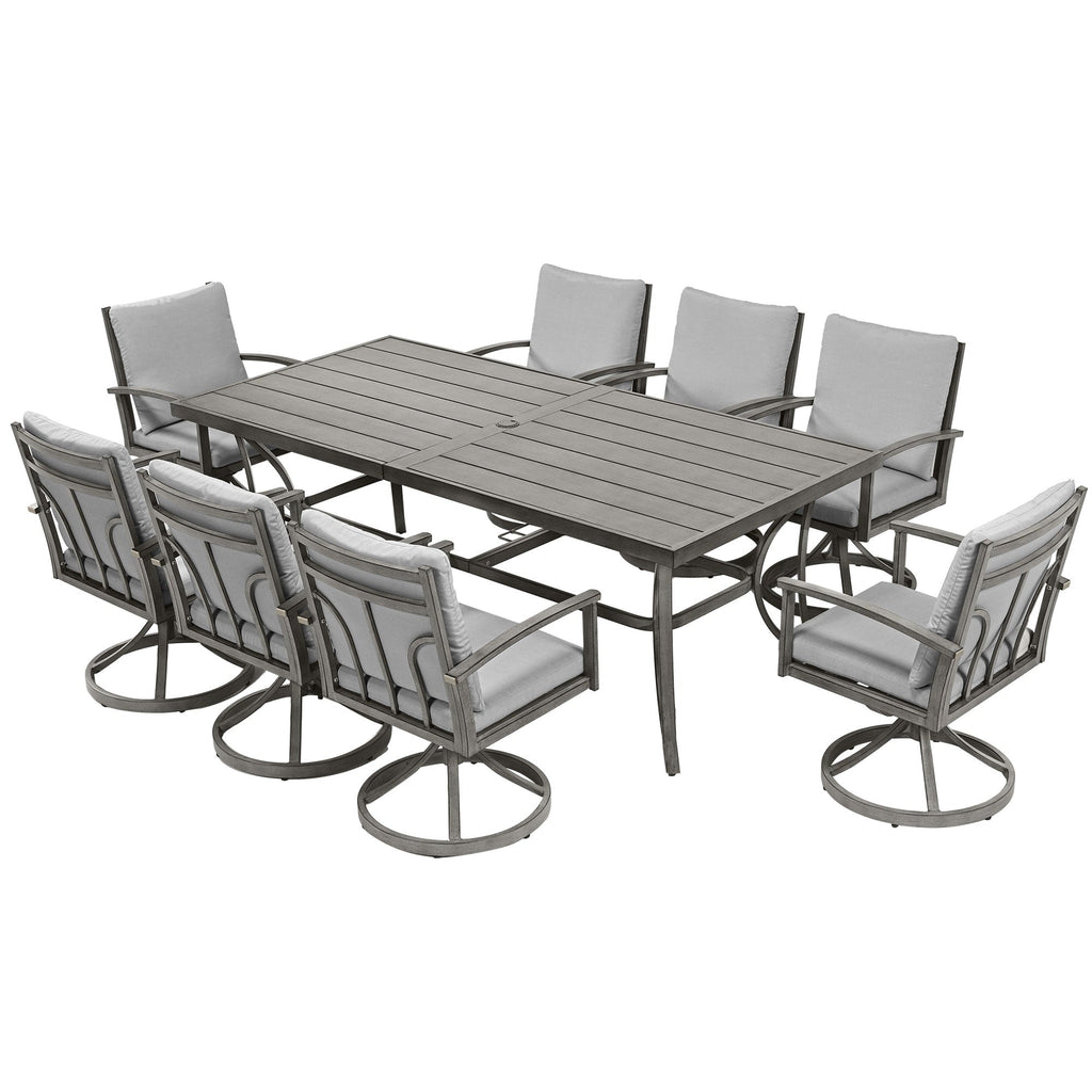 Ensemble de salle à manger de patio en aluminium 9 pièces avec 8 chaises pivotantes et coussins lavables