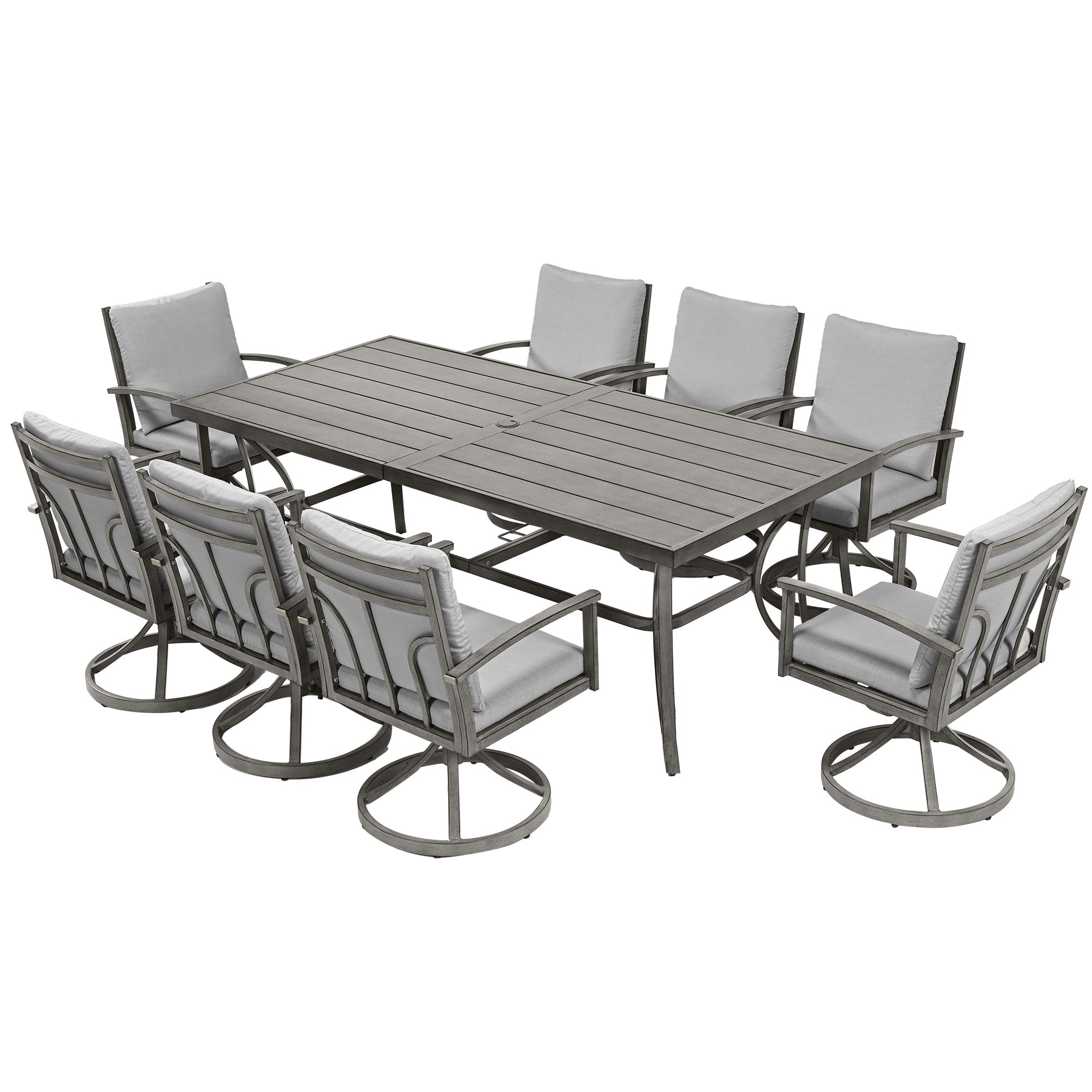 Ensemble de salle à manger de patio en aluminium 9 pièces avec 8 chaises pivotantes et coussins lavables