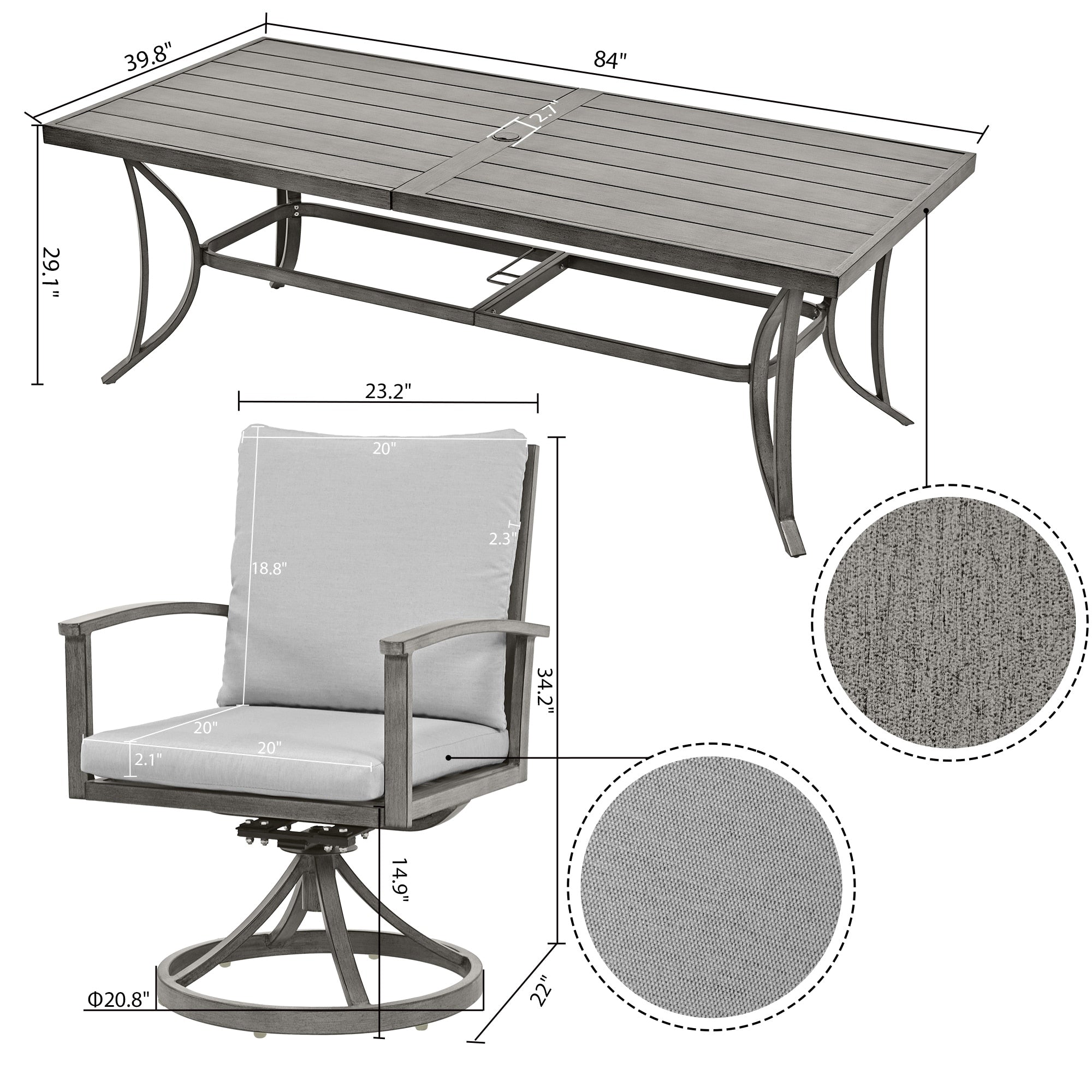 Ensemble de salle à manger de patio en aluminium 9 pièces avec 8 chaises pivotantes et coussins lavables