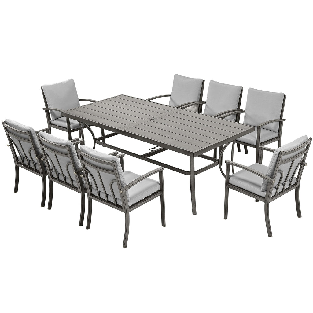 Ensemble de salle à manger de patio en aluminium 9 pièces avec table et coussins gris clair lavables