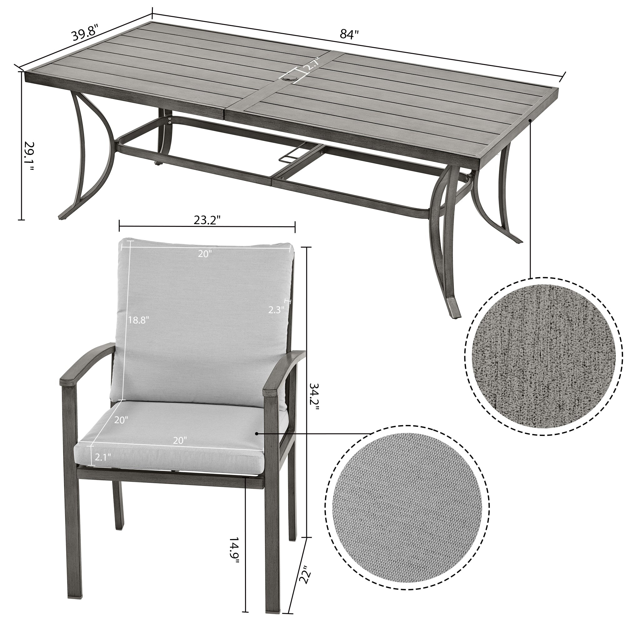 Ensemble de salle à manger de patio en aluminium 9 pièces avec table et coussins gris clair lavables