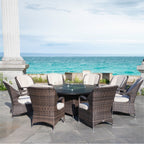 Ensemble de salle à manger d'extérieur rond en osier Ellington 9 pièces avec foyer - N/A