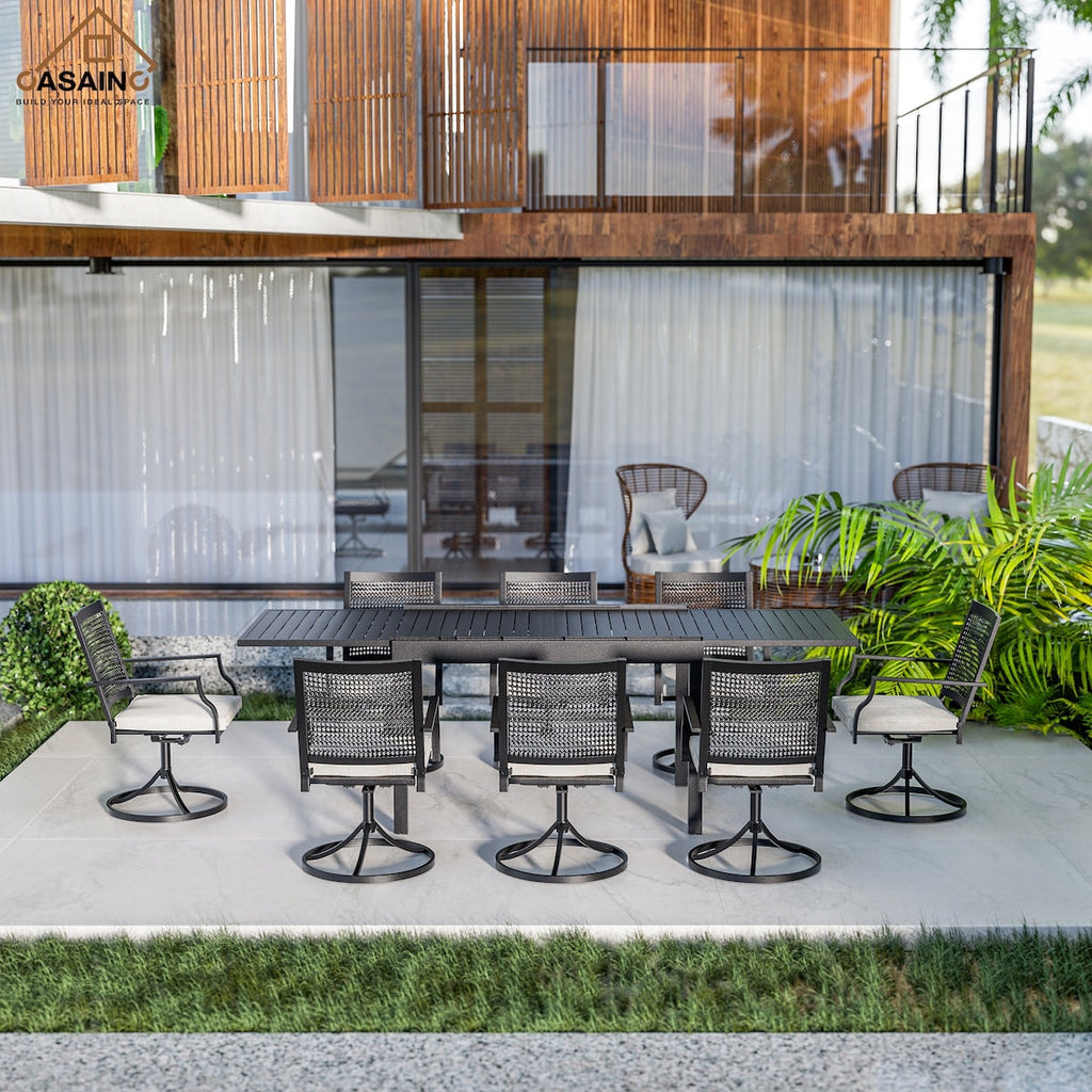 Ensemble de salle à manger de patio 9 pièces avec cadre en métal et table à manger extensible en aluminium