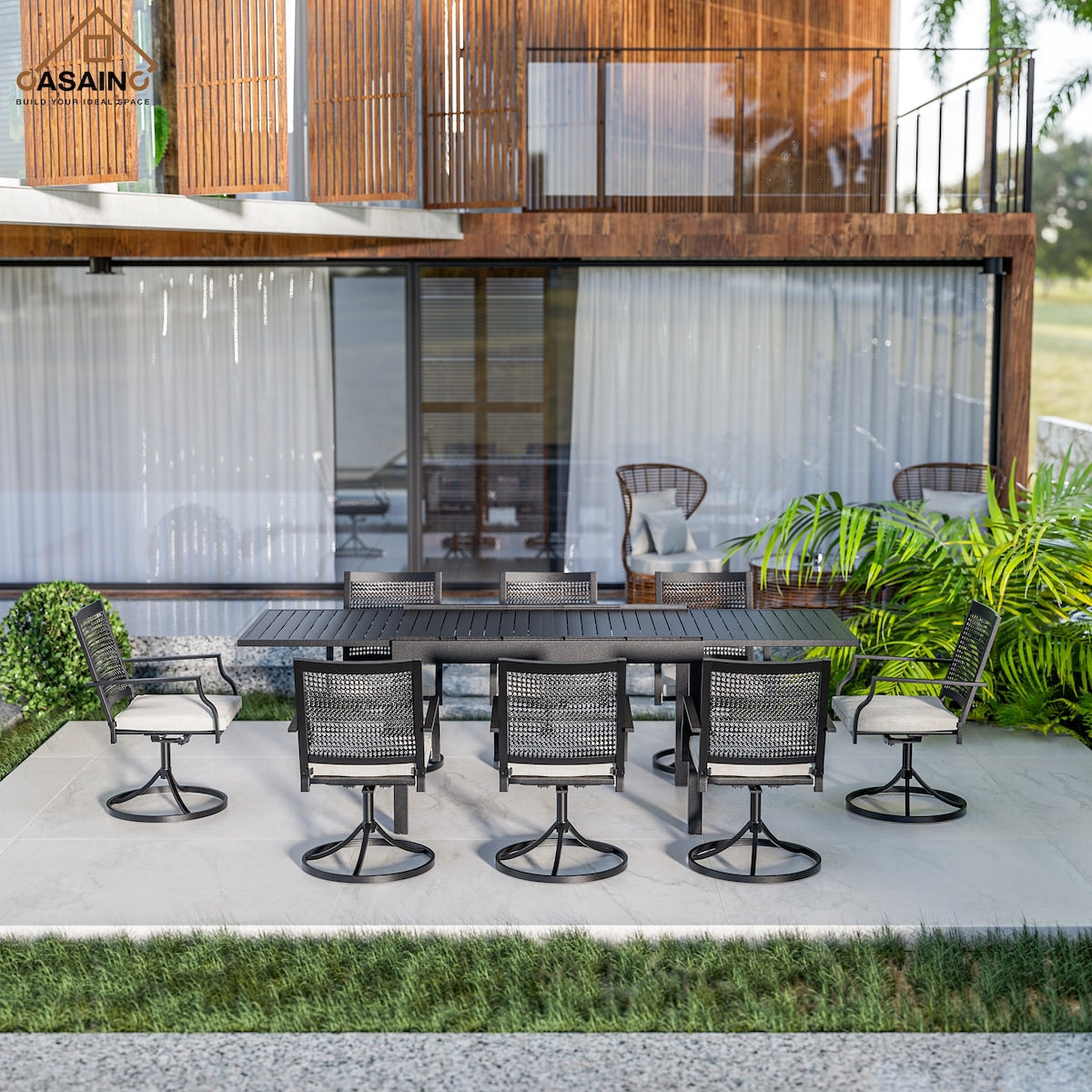 Ensemble de salle à manger de patio 9 pièces avec cadre en métal et table à manger extensible en aluminium