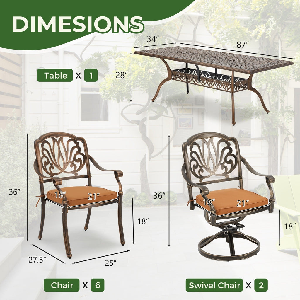 Ensemble de salle à manger d'extérieur 9 pièces avec 1 table et 8 chaises, en aluminium résistant aux intempéries, pour patio, jardin et arrière-cour.
