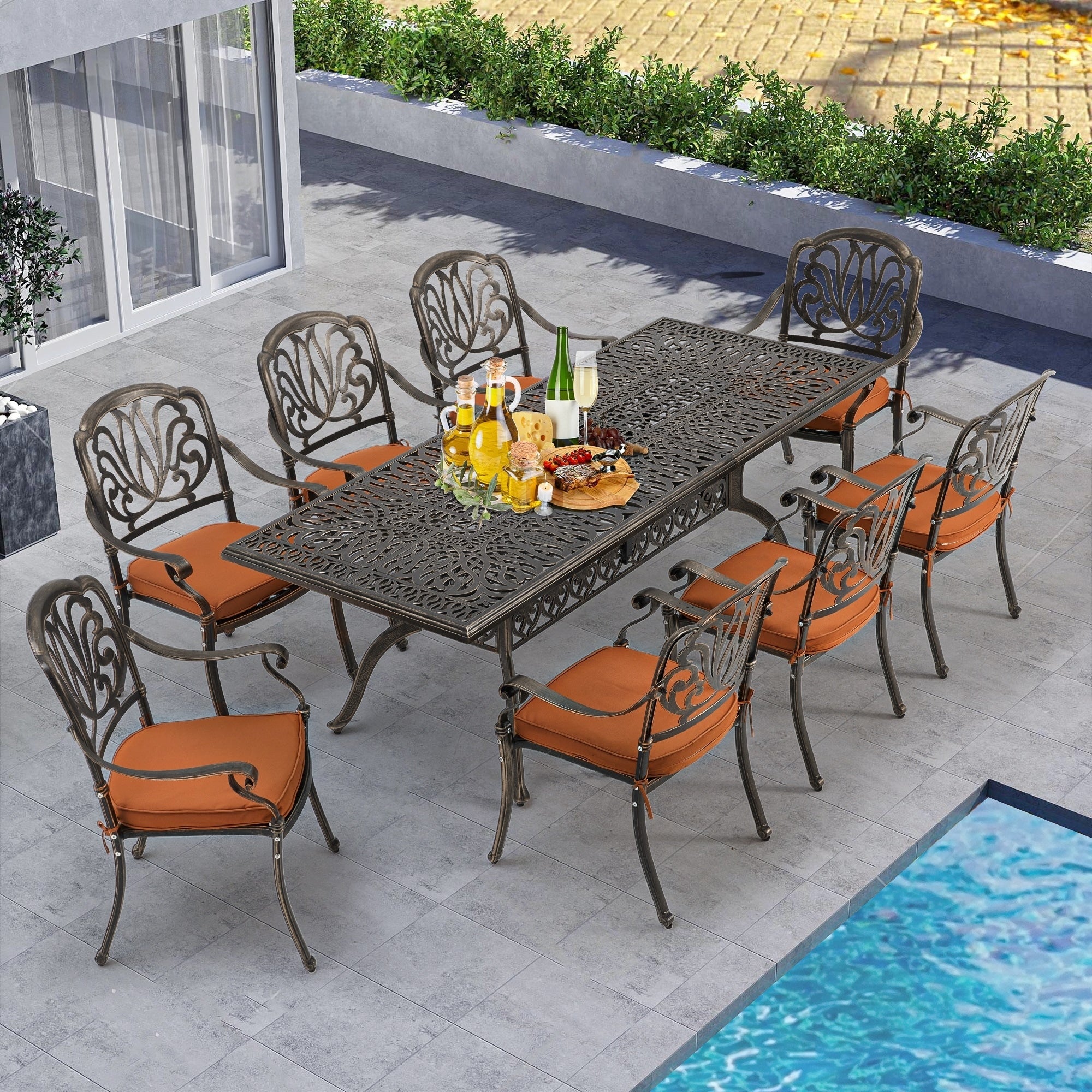 Ensemble de salle à manger d'extérieur 9 pièces avec 1 table et 8 chaises, en aluminium résistant aux intempéries, pour patio, jardin et arrière-cour.