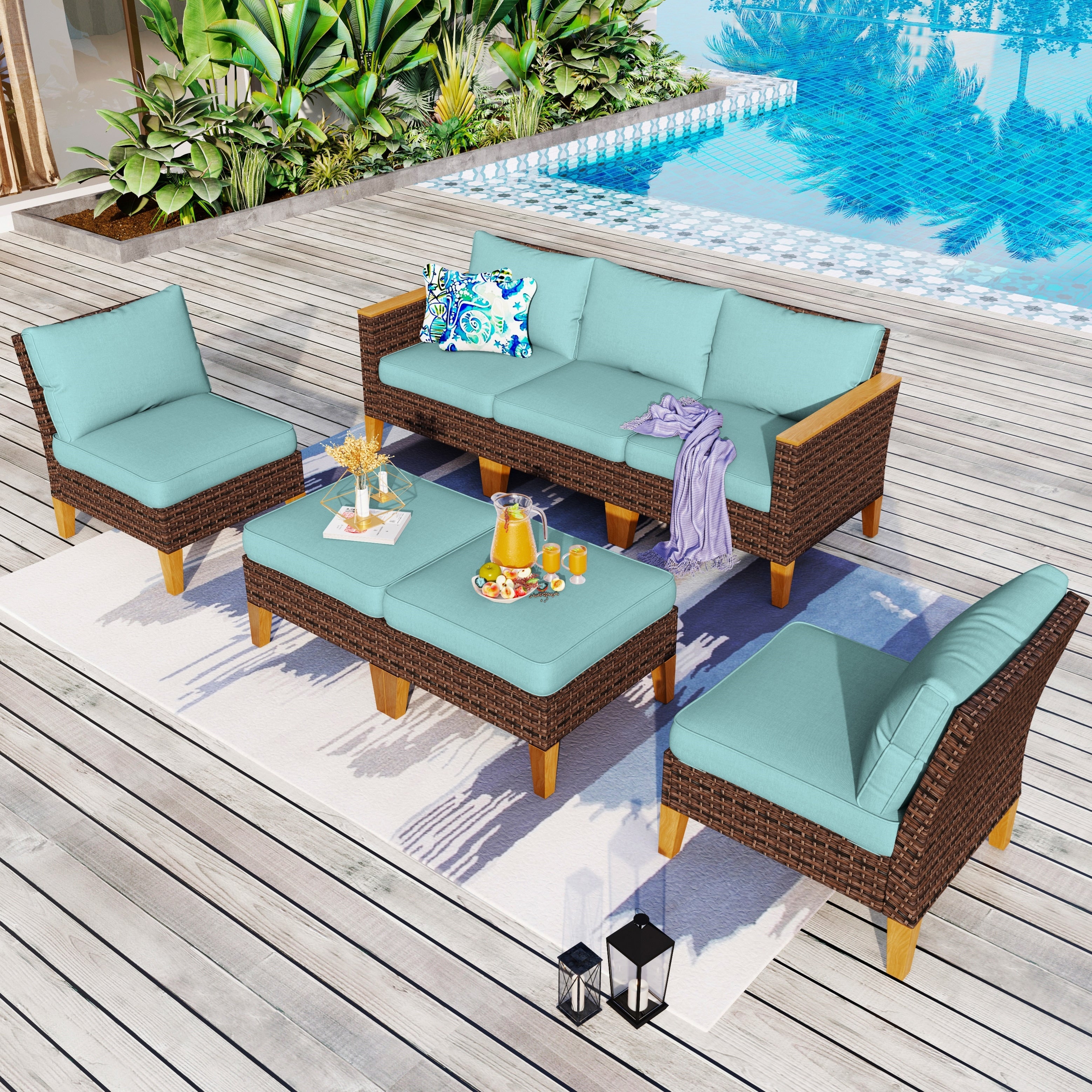 Ensemble de salon de jardin sectionnel en osier de 9 pièces, mobilier de jardin de luxe, coussin beige