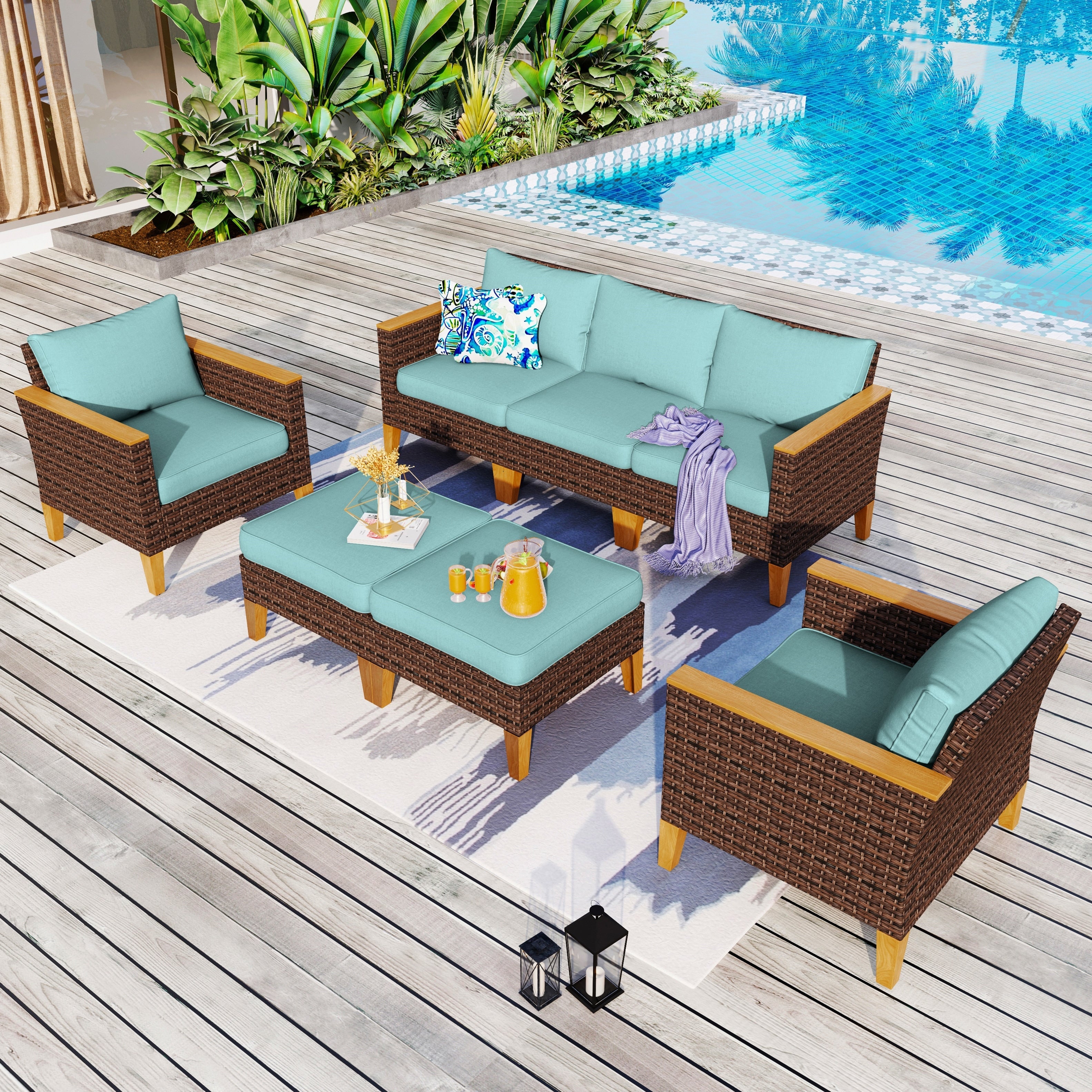 Ensemble de salon de jardin sectionnel en osier de 9 pièces, mobilier de jardin de luxe, coussin beige