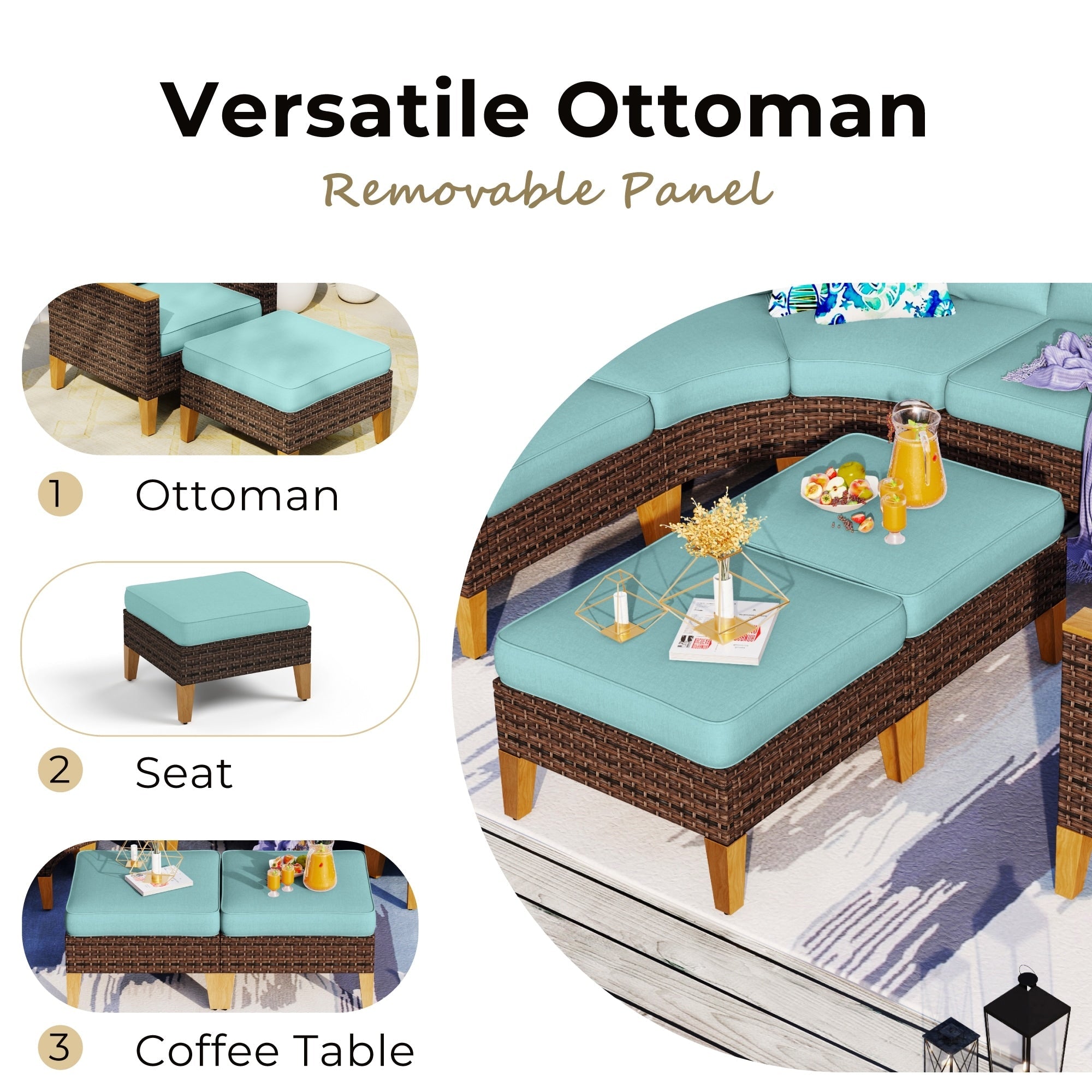 Ensemble de salon de jardin sectionnel en osier de 9 pièces, mobilier de jardin de luxe, coussin beige