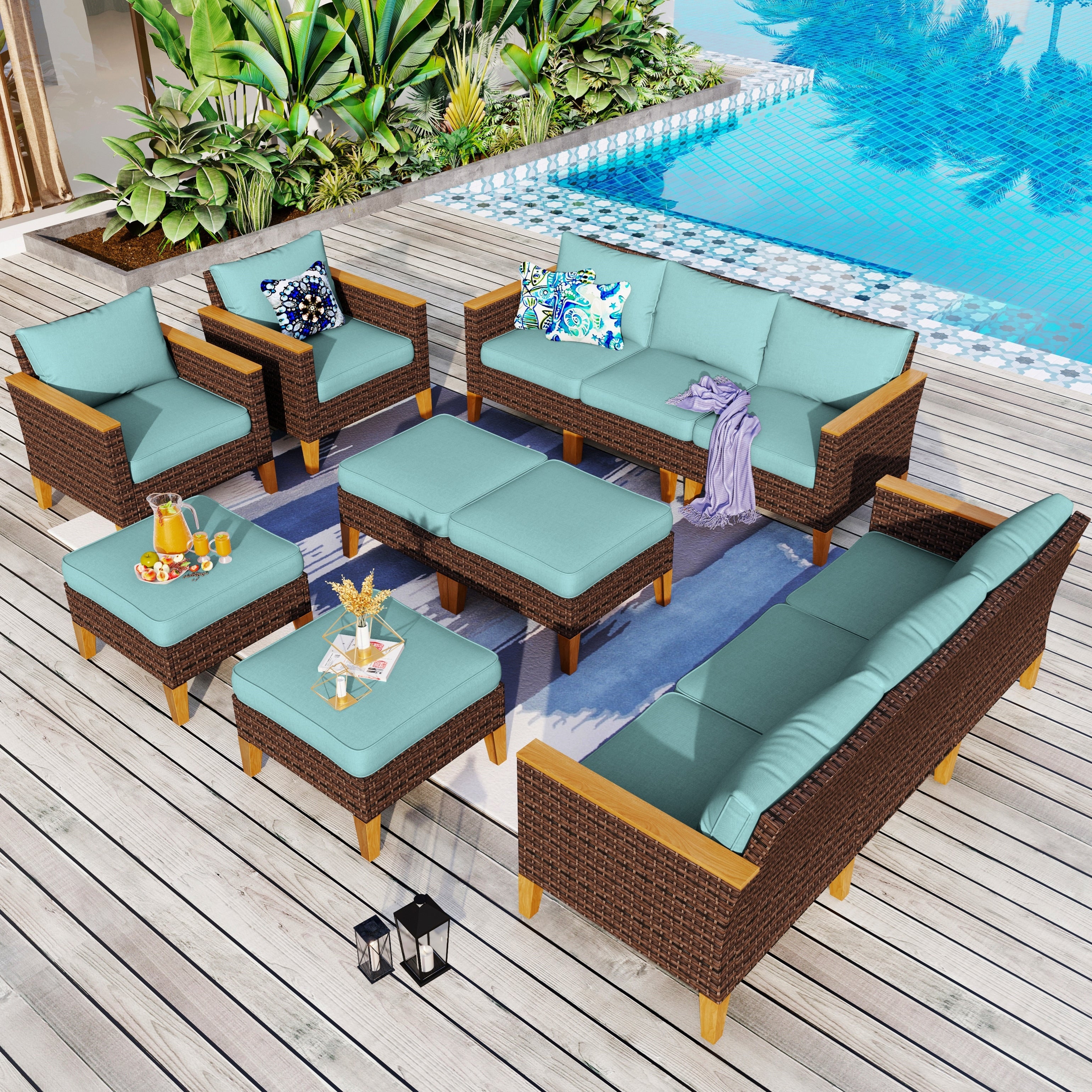 Ensemble de salon de jardin sectionnel en osier de 9 pièces, mobilier de jardin de luxe, coussin beige