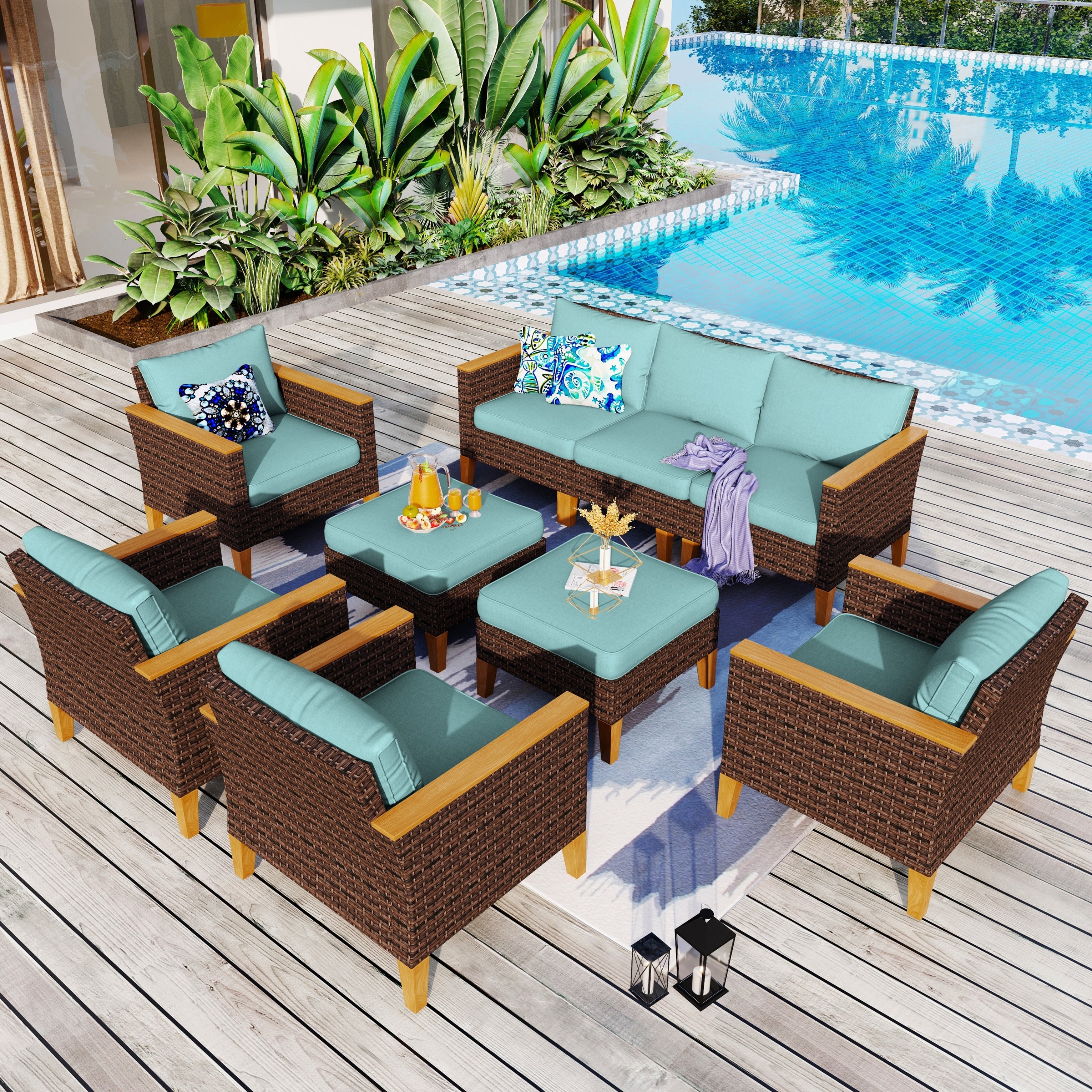 Ensemble de salon de jardin sectionnel en osier de 9 pièces, mobilier de jardin de luxe, coussin beige