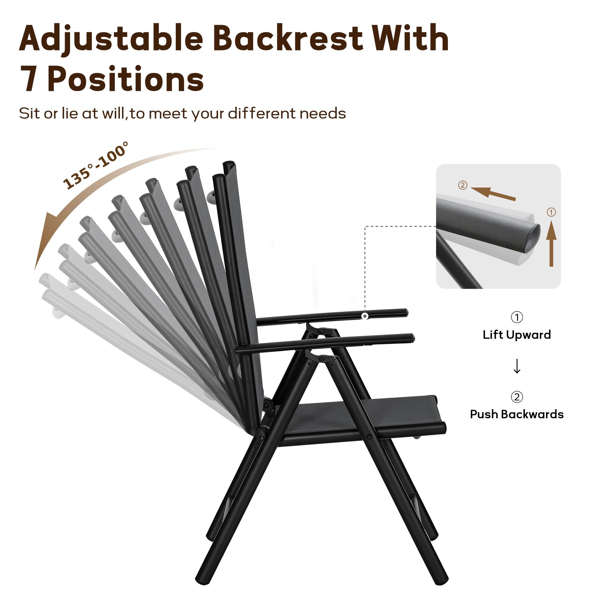 Ensemble de salle à manger de patio 9 pièces, table en métal et chaises de salle à manger pliables avec 7 niveaux réglables