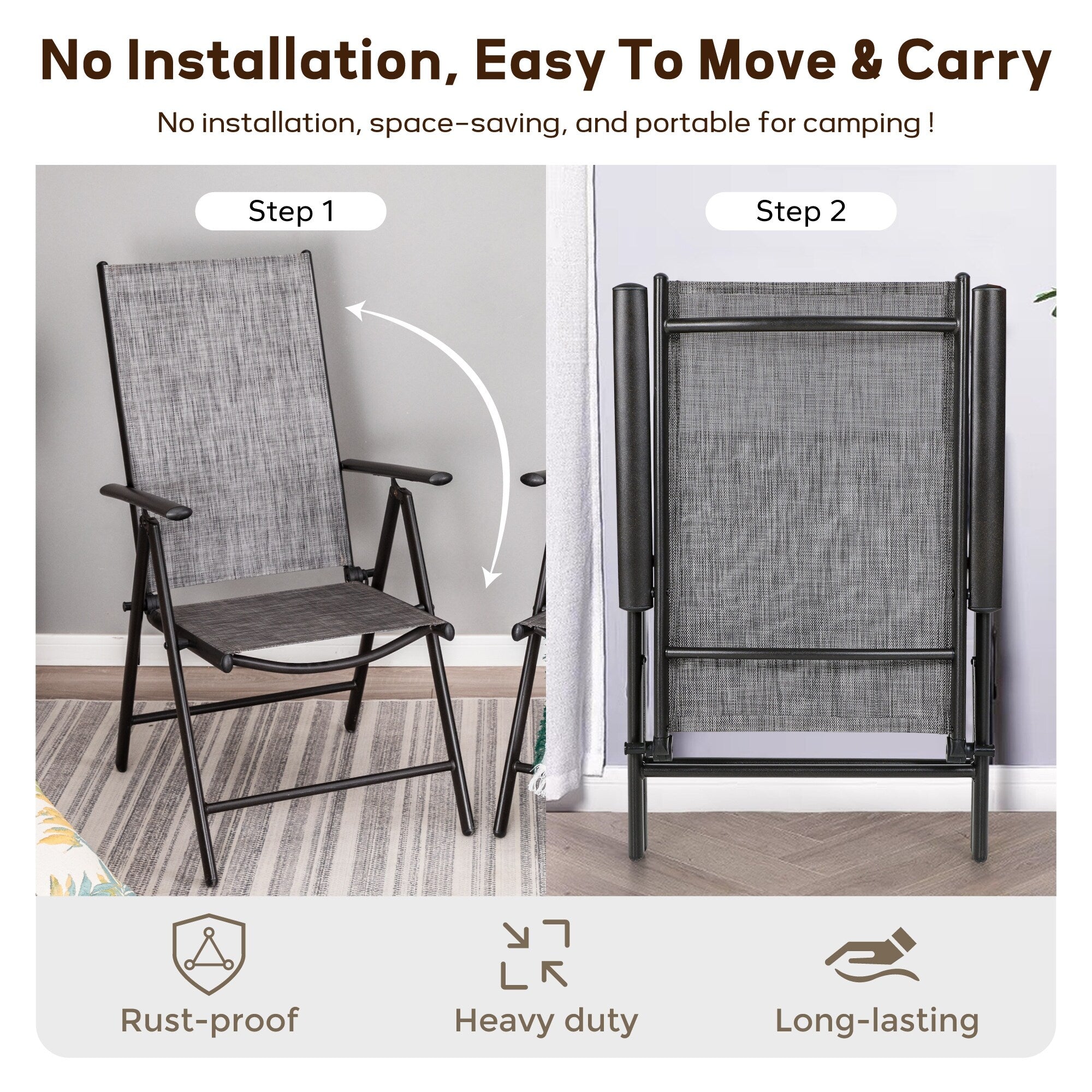 Ensemble de salle à manger de patio 9 pièces, table en métal et chaises de salle à manger pliables avec 7 niveaux réglables