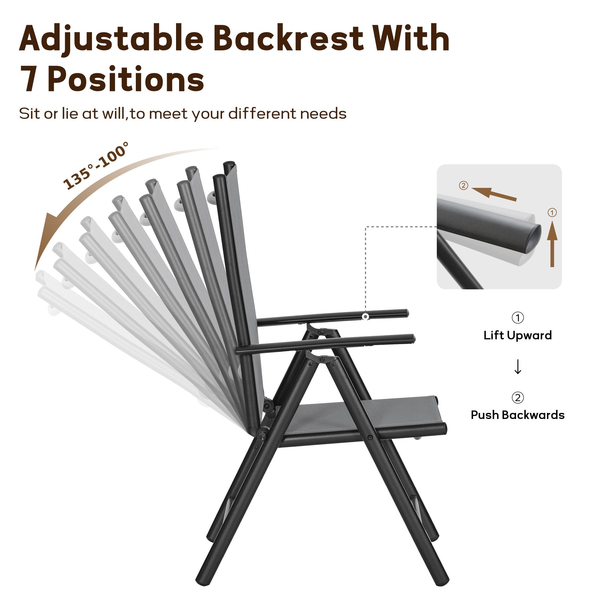 Ensemble de salle à manger de patio 9 pièces, table en métal et chaises de salle à manger pliables avec 7 niveaux réglables