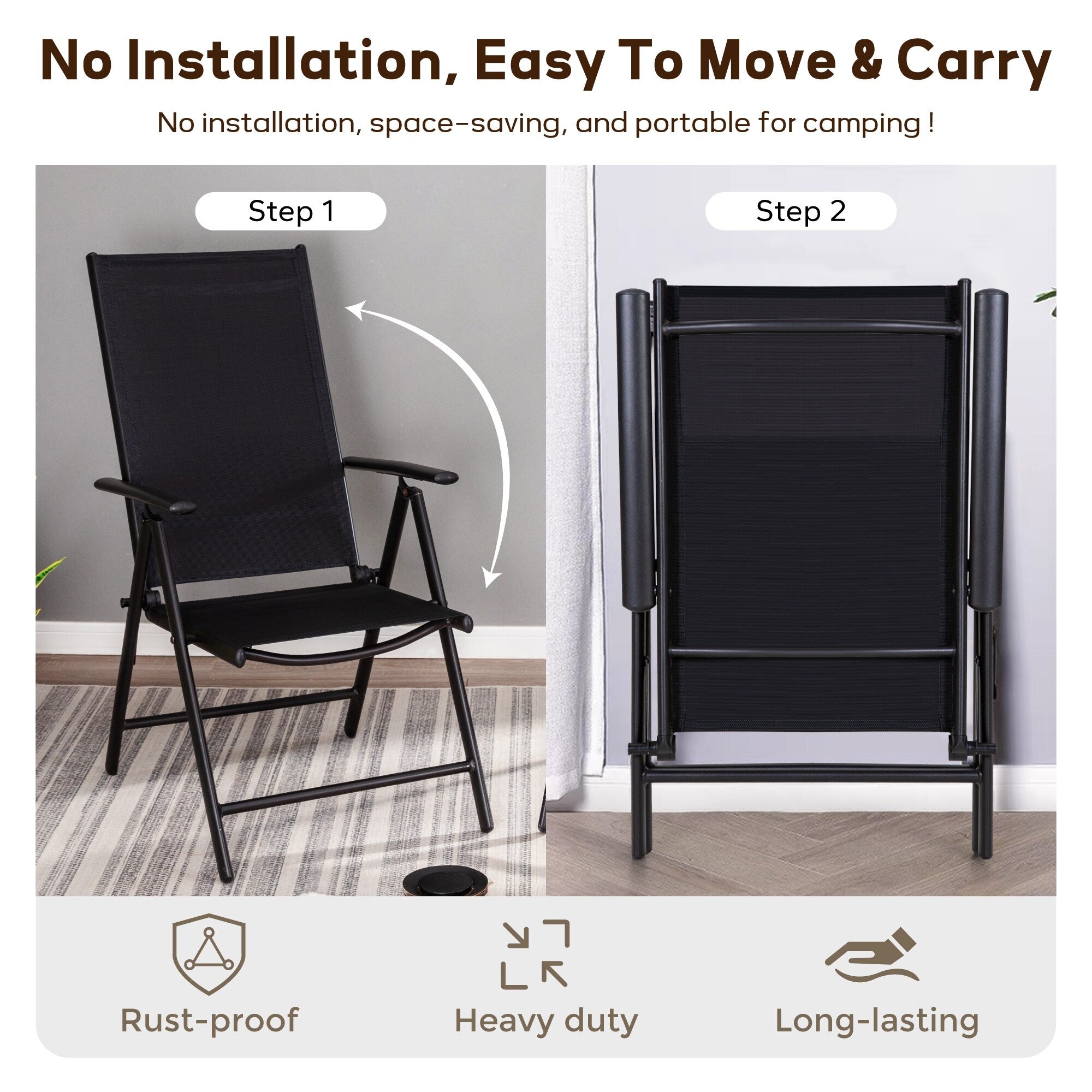 Ensemble de salle à manger de patio 9 pièces, table en métal et chaises de salle à manger pliables avec 7 niveaux réglables