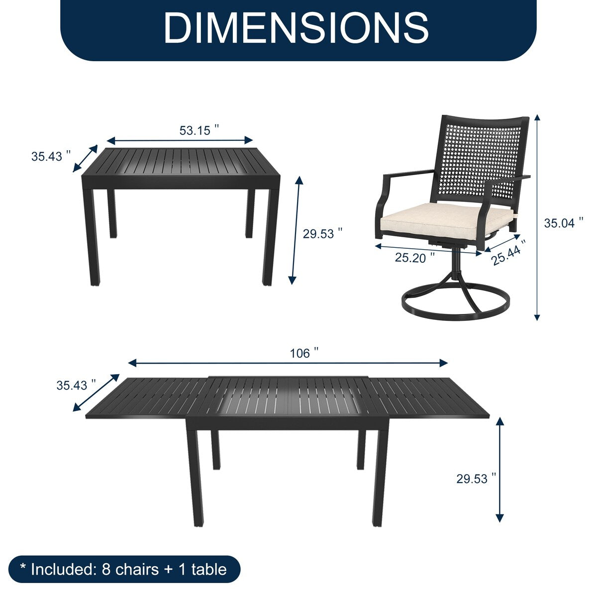Ensemble de salle à manger d'extérieur 9 pièces avec table à manger extensible