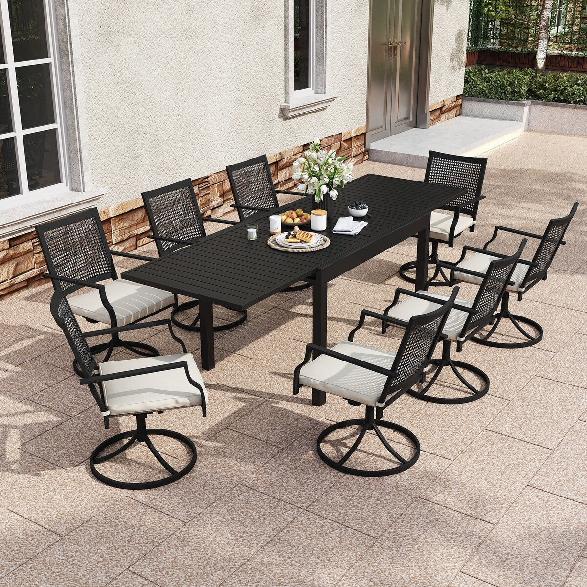 Ensemble de salle à manger d'extérieur 9 pièces avec table à manger extensible