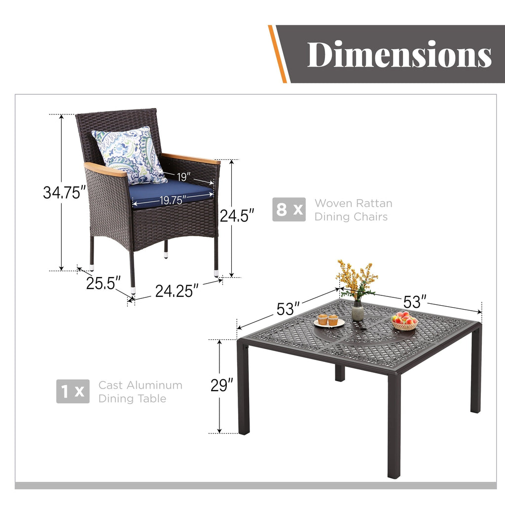 Ensemble de salle à manger de patio 9 pièces en rotin et osier avec trou pour parasol