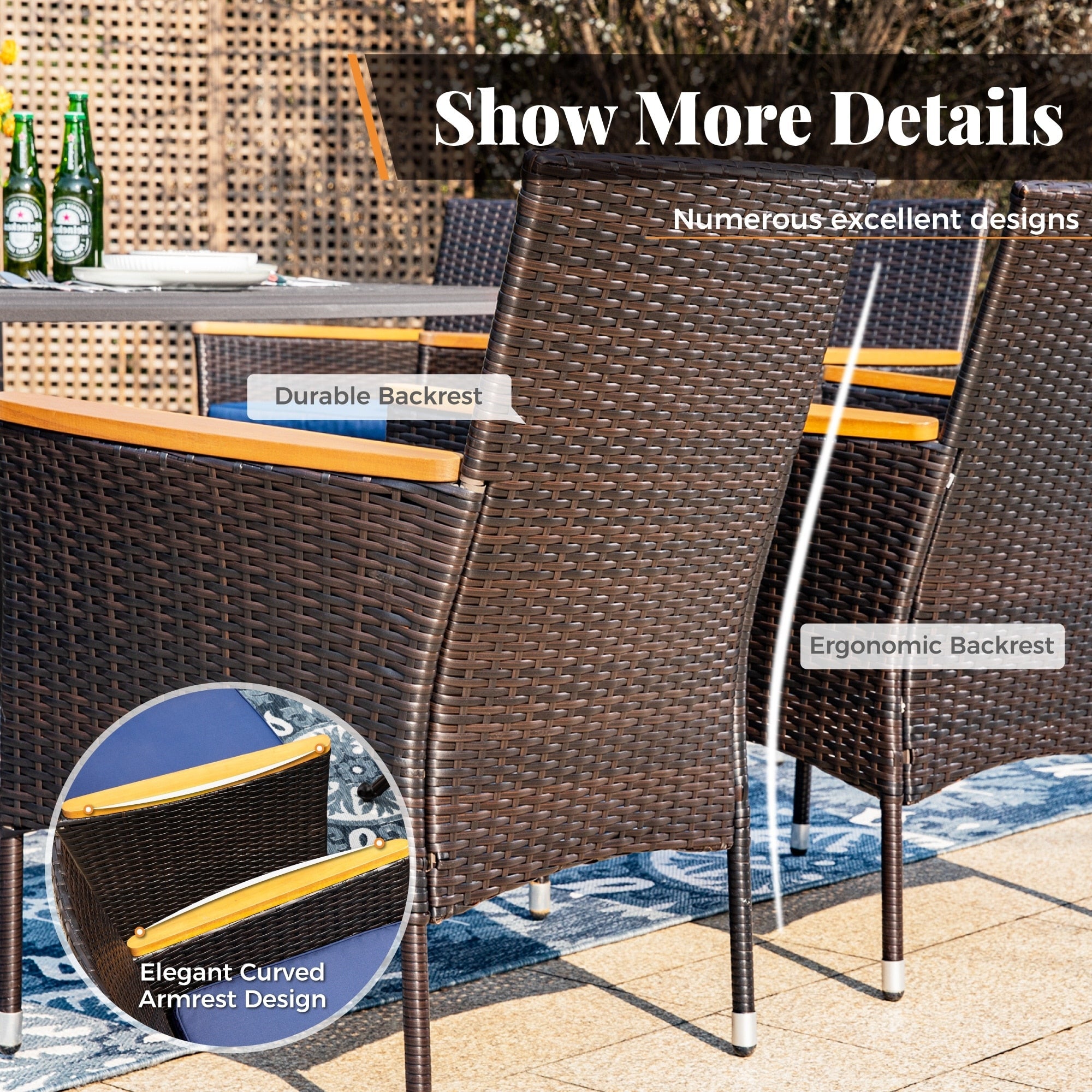 Ensemble de salle à manger de patio 9 pièces en rotin et osier avec trou pour parasol