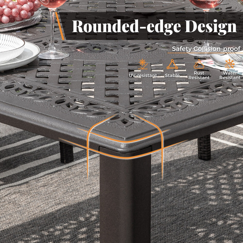 Ensemble de salle à manger de patio 9 pièces en rotin et osier avec trou pour parasol