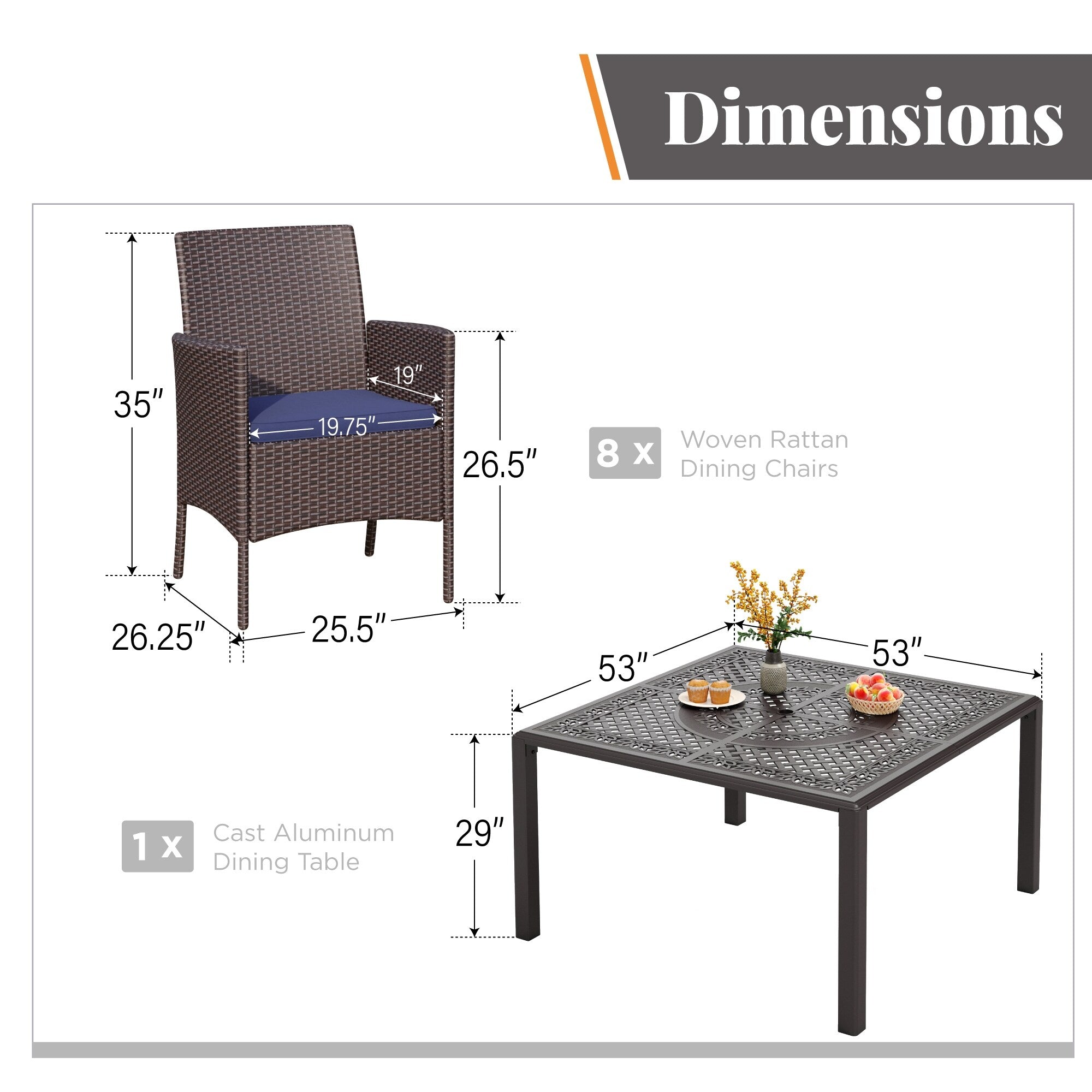 Ensemble de salle à manger de patio 9 pièces en rotin et osier avec trou pour parasol