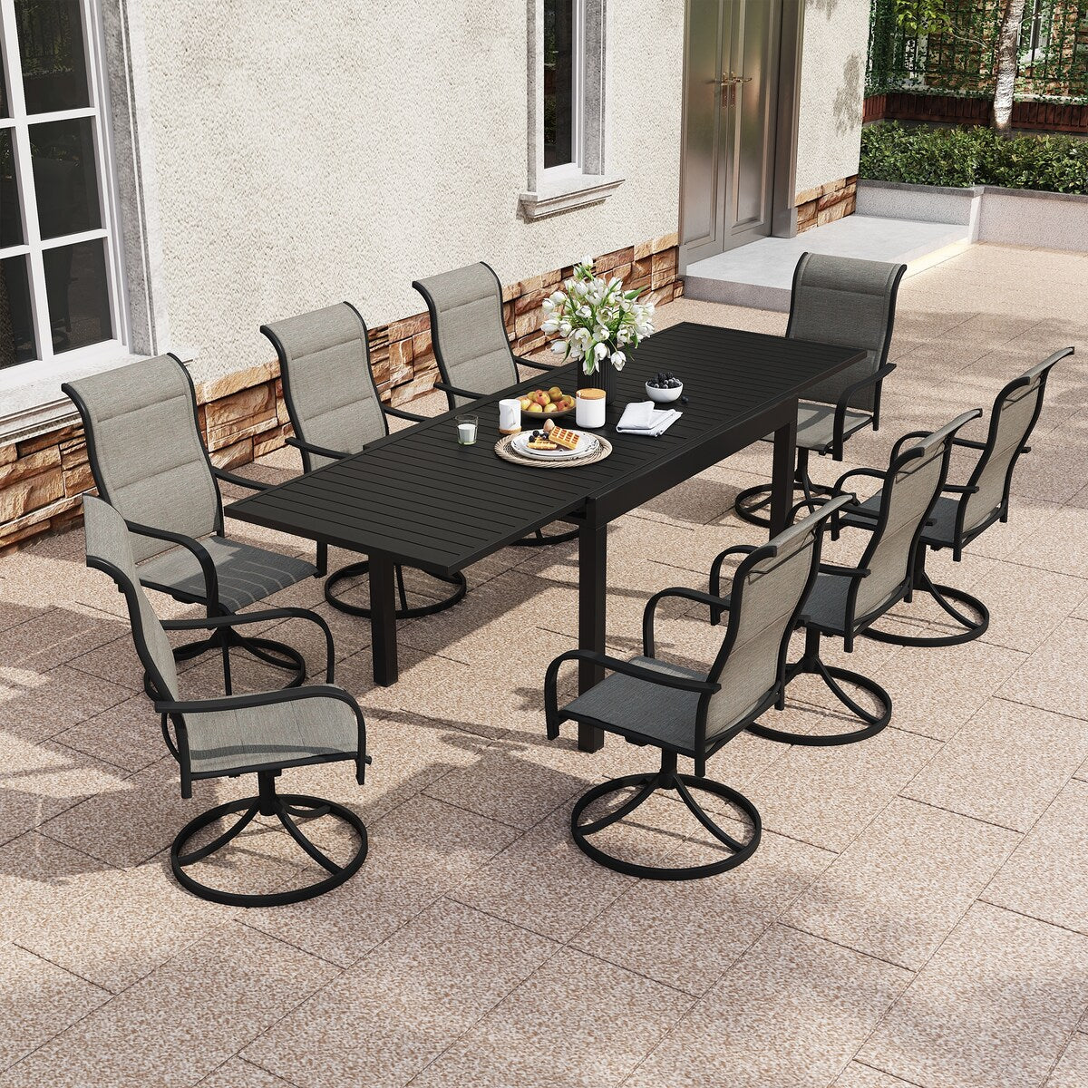 Ensemble de salle à manger de patio 9 pièces avec table à manger extensible