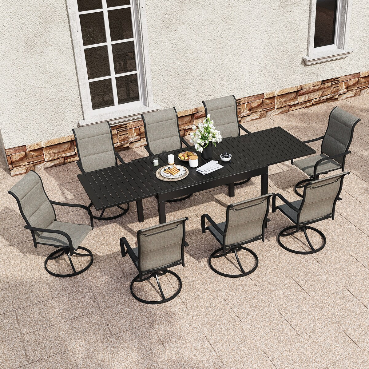 Ensemble de salle à manger de patio 9 pièces avec table à manger extensible