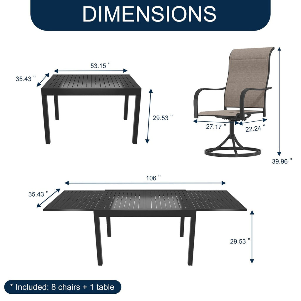 Ensemble de salle à manger de patio 9 pièces avec table à manger extensible