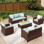 Ensemble de salon de jardin 9 places en rotin et osier avec canapé sectionnel à dossier haut et table pour foyer