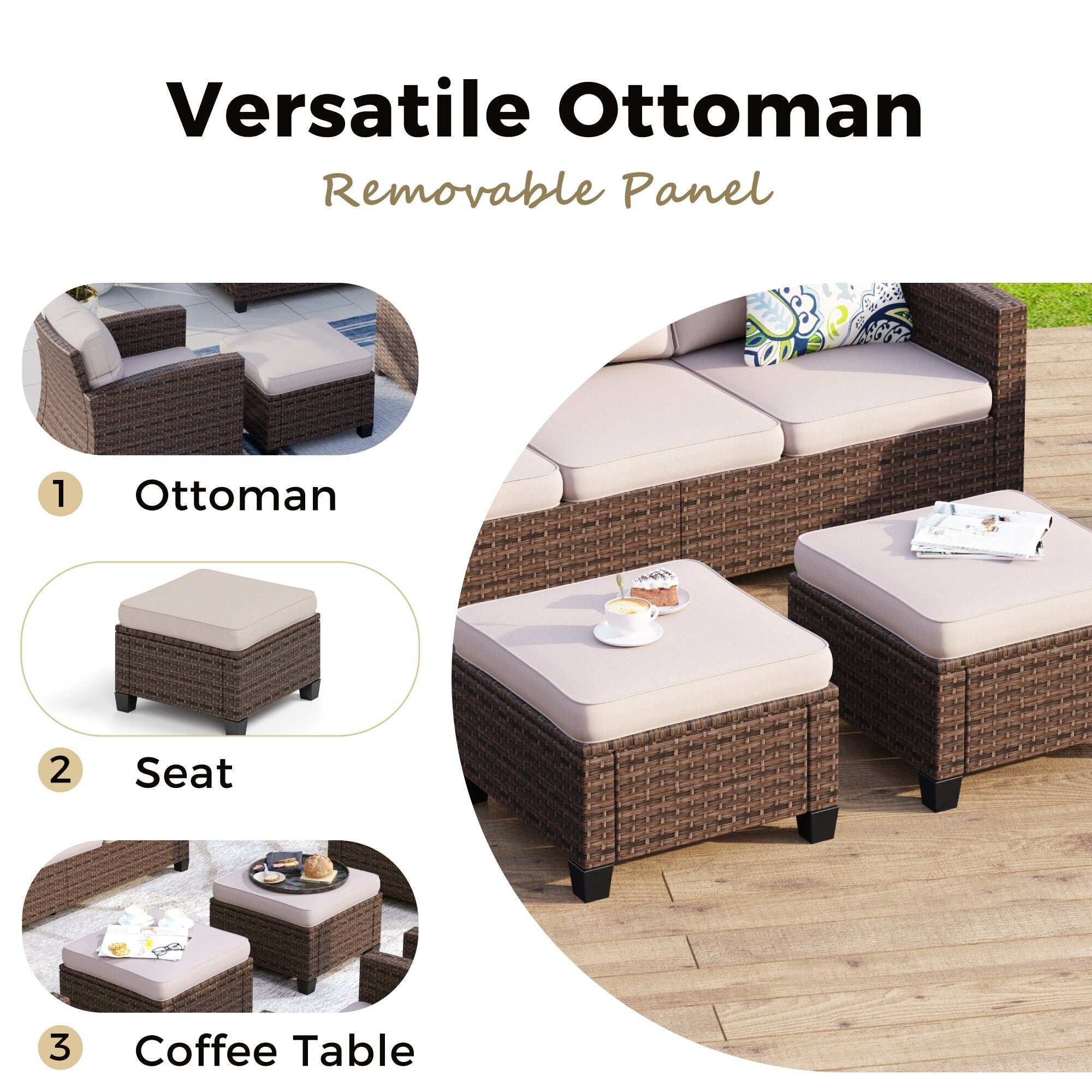 Ensemble de salon de jardin 9 places en rotin et osier avec canapé sectionnel à dossier haut et table pour foyer