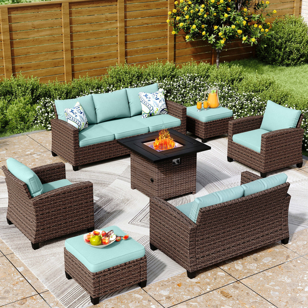 Ensemble de salon de jardin 9 places en rotin et osier avec canapé sectionnel à dossier haut et table pour foyer