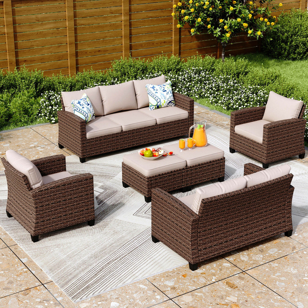 Ensemble de salon de jardin 9 places en rotin et osier avec canapé sectionnel à dossier haut et table pour foyer