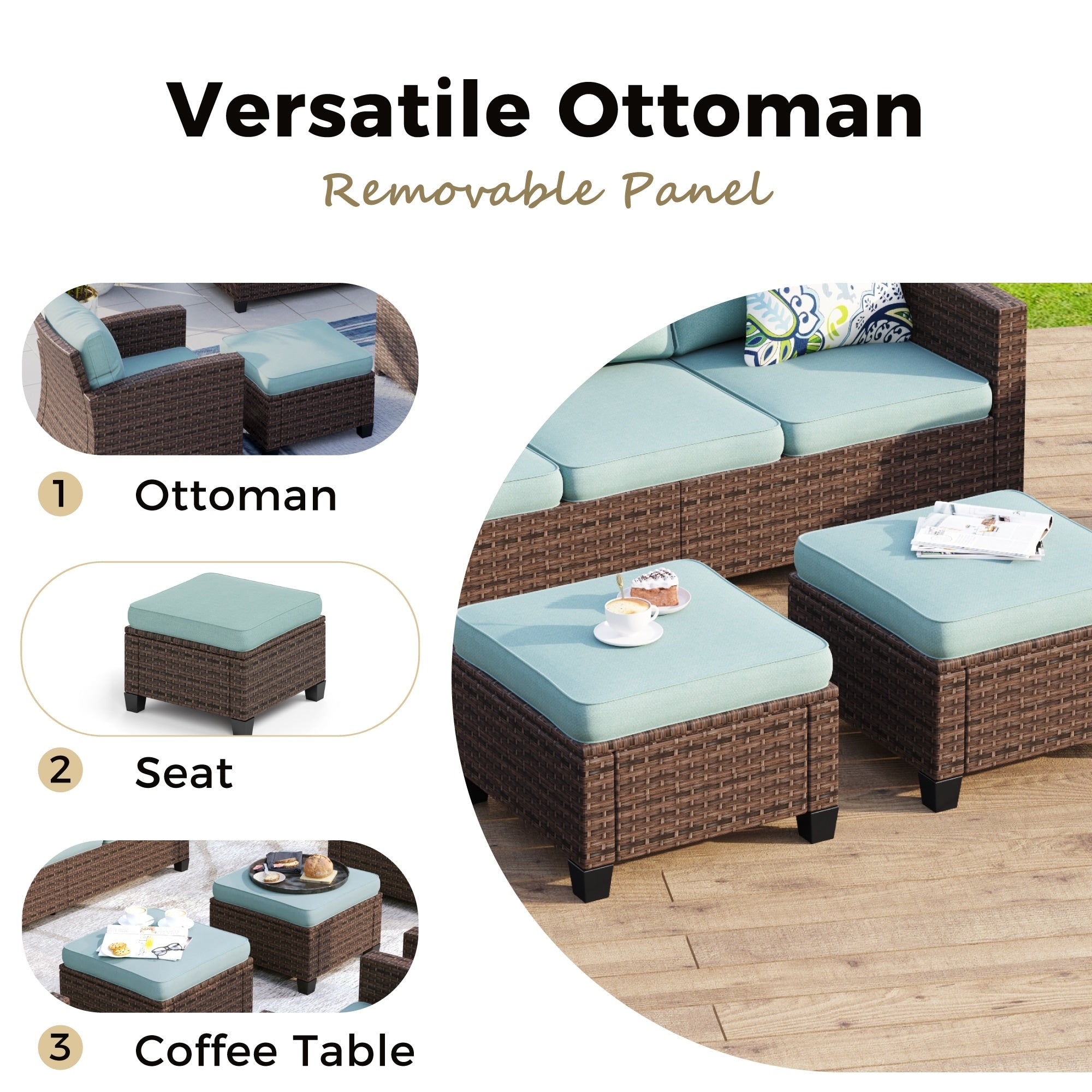 Ensemble de salon de jardin 9 places en rotin et osier avec canapé sectionnel à dossier haut et table pour foyer