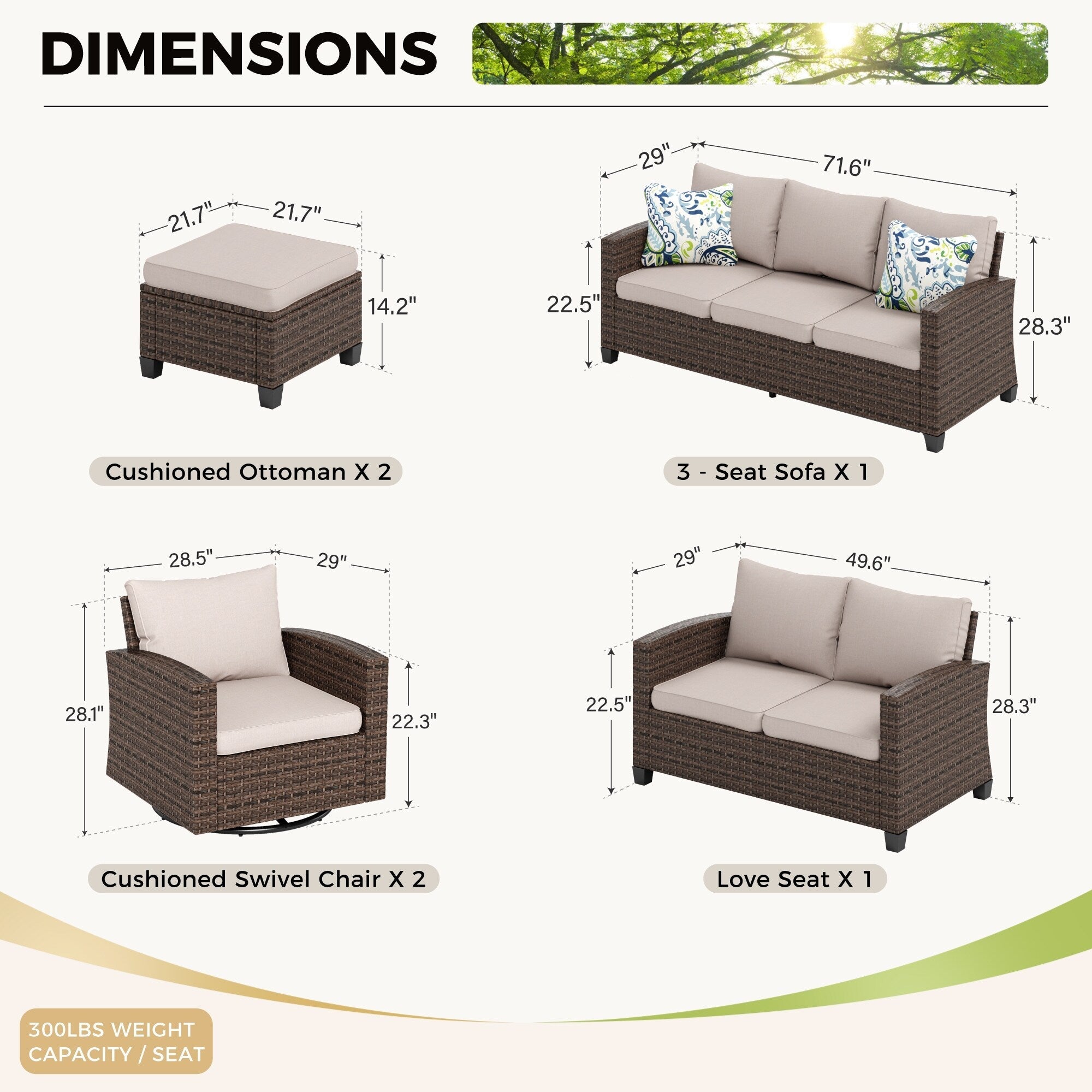 Ensemble de salon de jardin 9 places en rotin et osier avec canapé sectionnel à dossier haut et table pour foyer