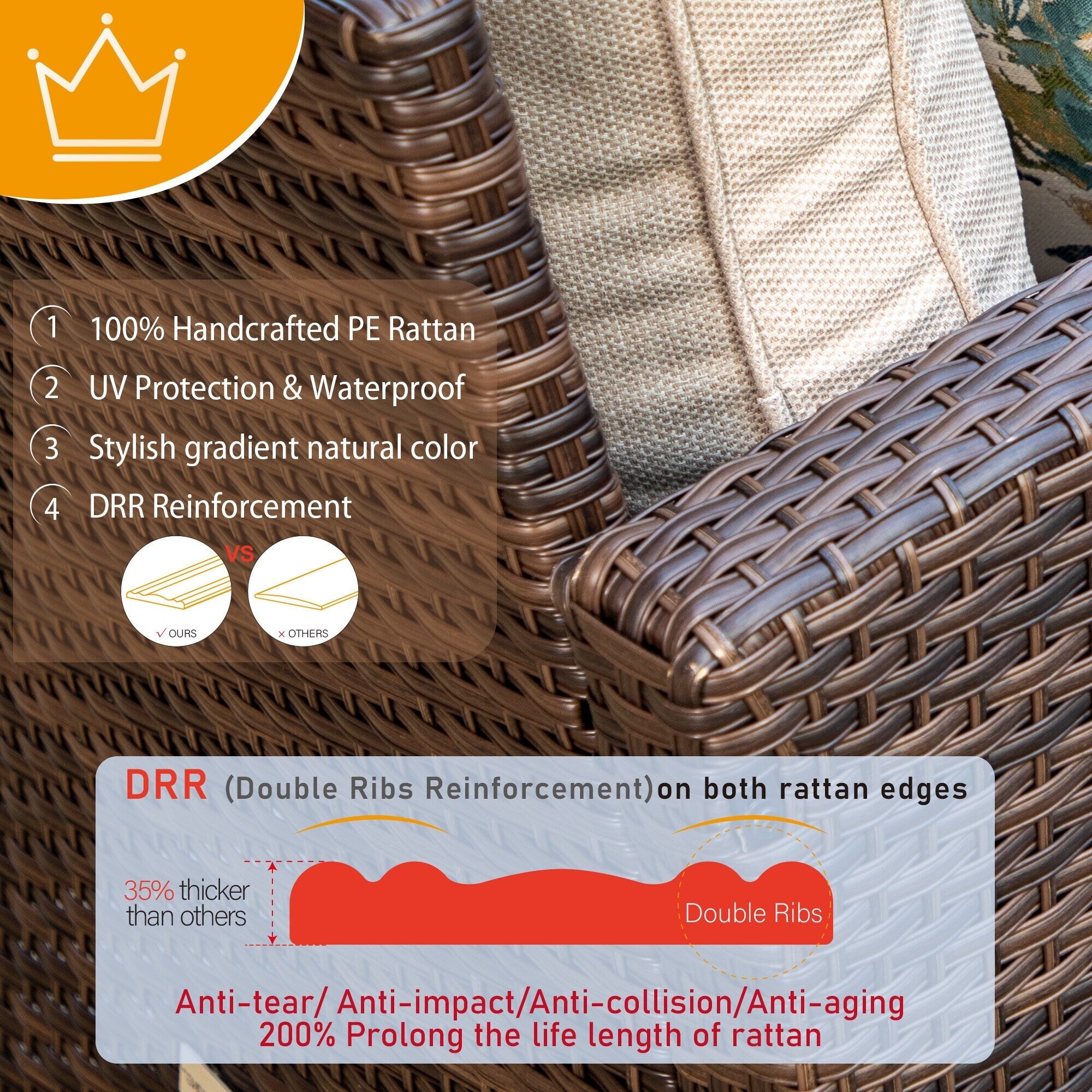 Ensemble de salon de jardin 9 places en rotin et osier avec canapé sectionnel à dossier haut et table pour foyer