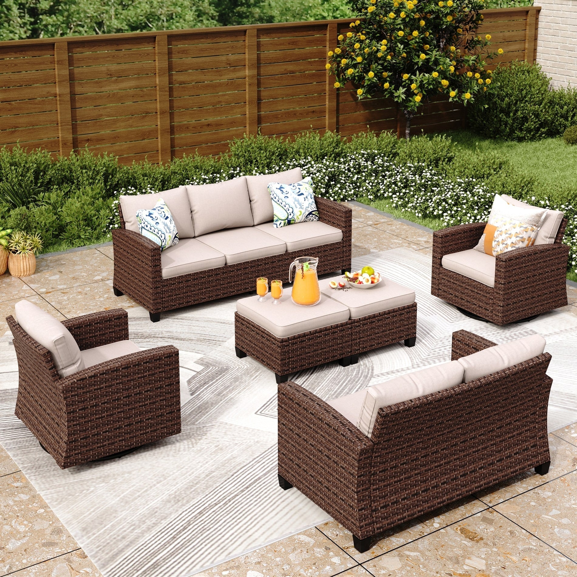 Ensemble de salon de jardin 9 places en rotin et osier avec canapé sectionnel à dossier haut et table pour foyer