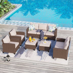 Ensemble de salon de jardin 9 places en rotin et osier avec canapé sectionnel à dossier haut et table pour foyer