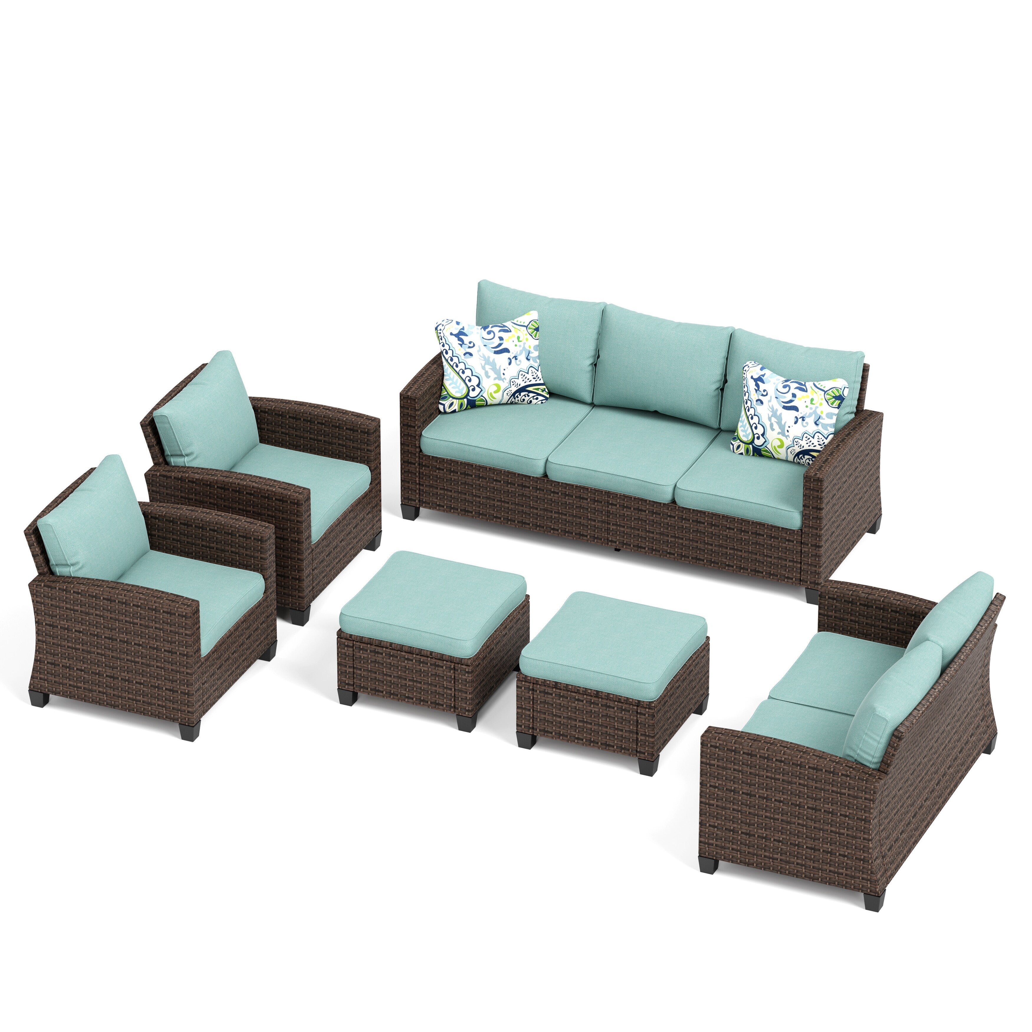 Ensemble de salon de jardin 9 places en rotin et osier avec canapé sectionnel à dossier haut et table pour foyer