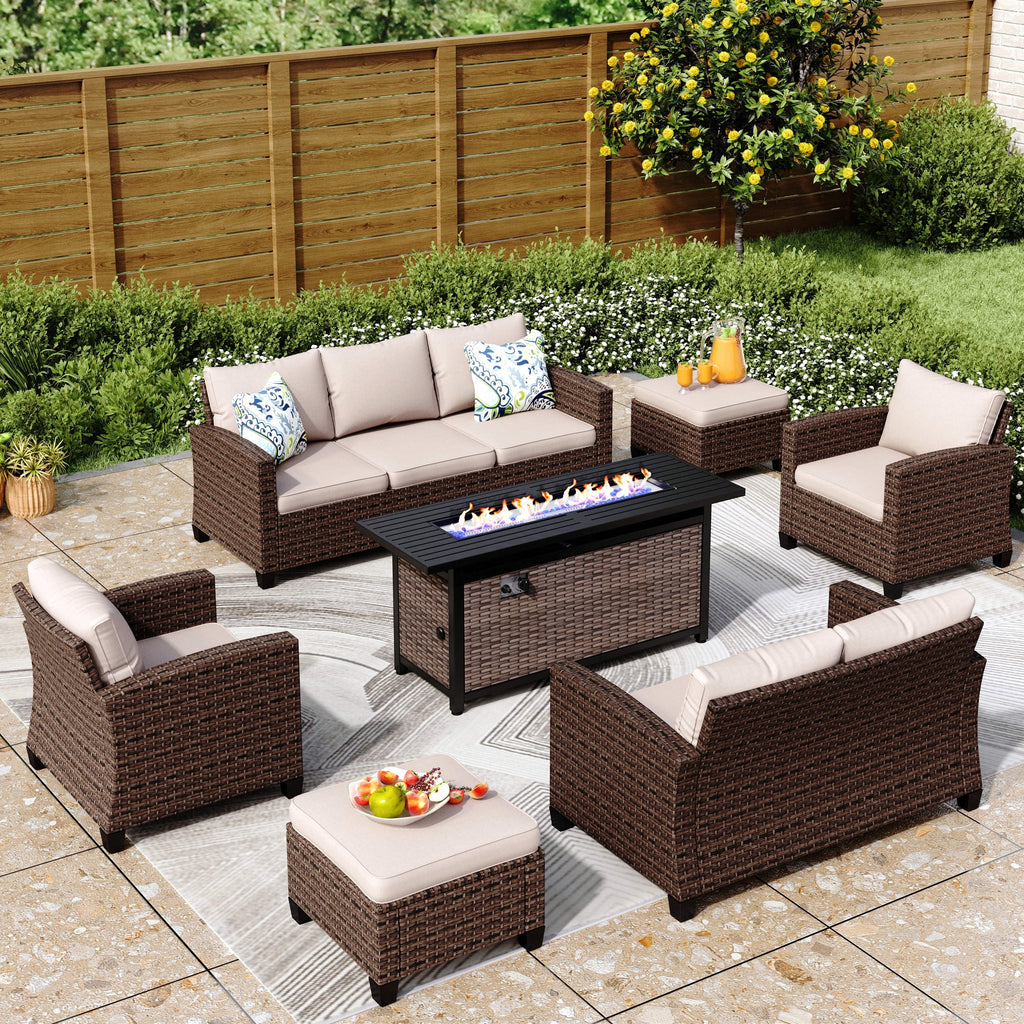 Ensemble de salon de jardin 9 places en rotin et osier avec canapé sectionnel à dossier haut et table pour foyer