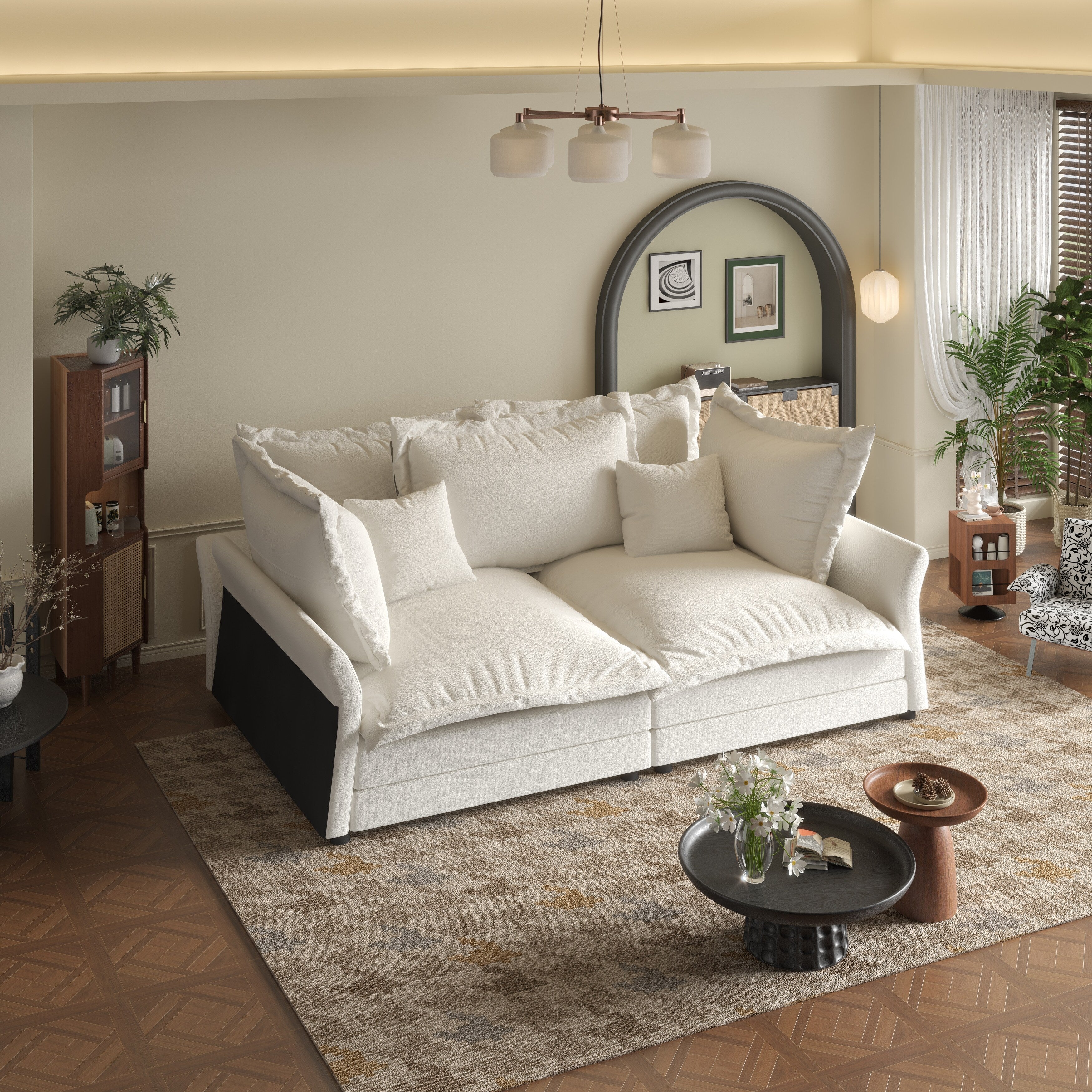 Canapés modernes à assise profonde avec plusieurs grands coussins moelleux