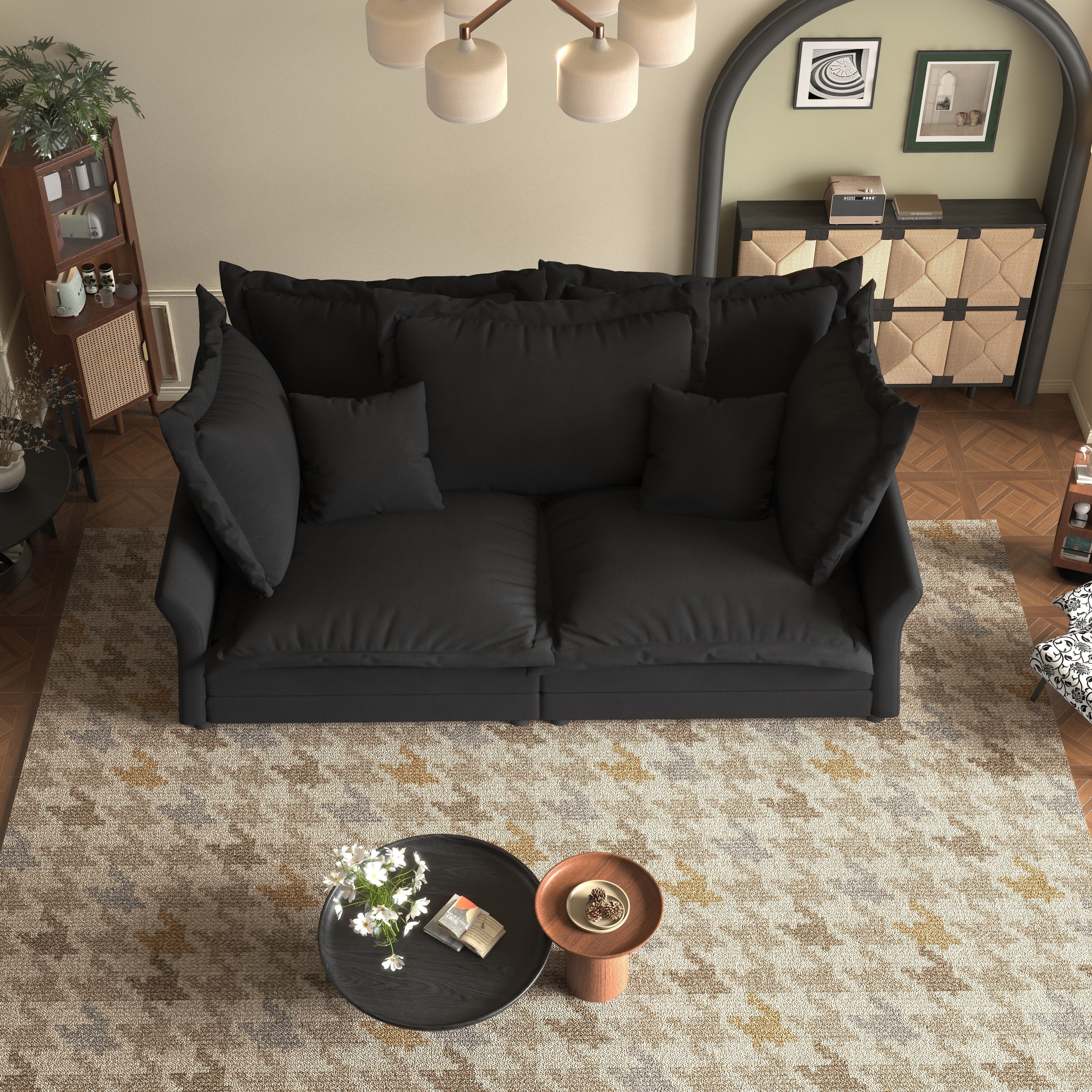 Canapés modernes à assise profonde avec plusieurs grands coussins moelleux