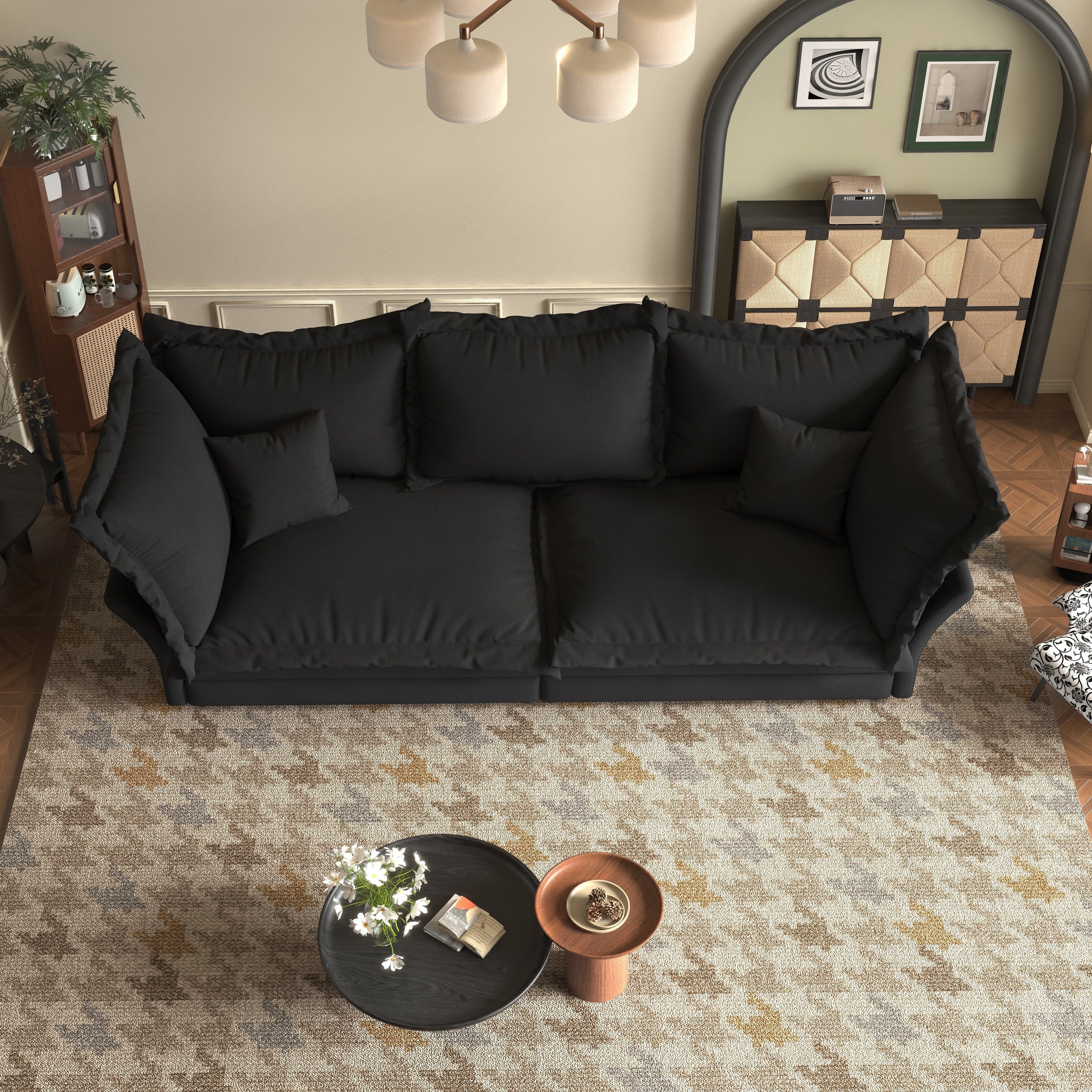 Canapés modernes à assise profonde avec plusieurs grands coussins moelleux