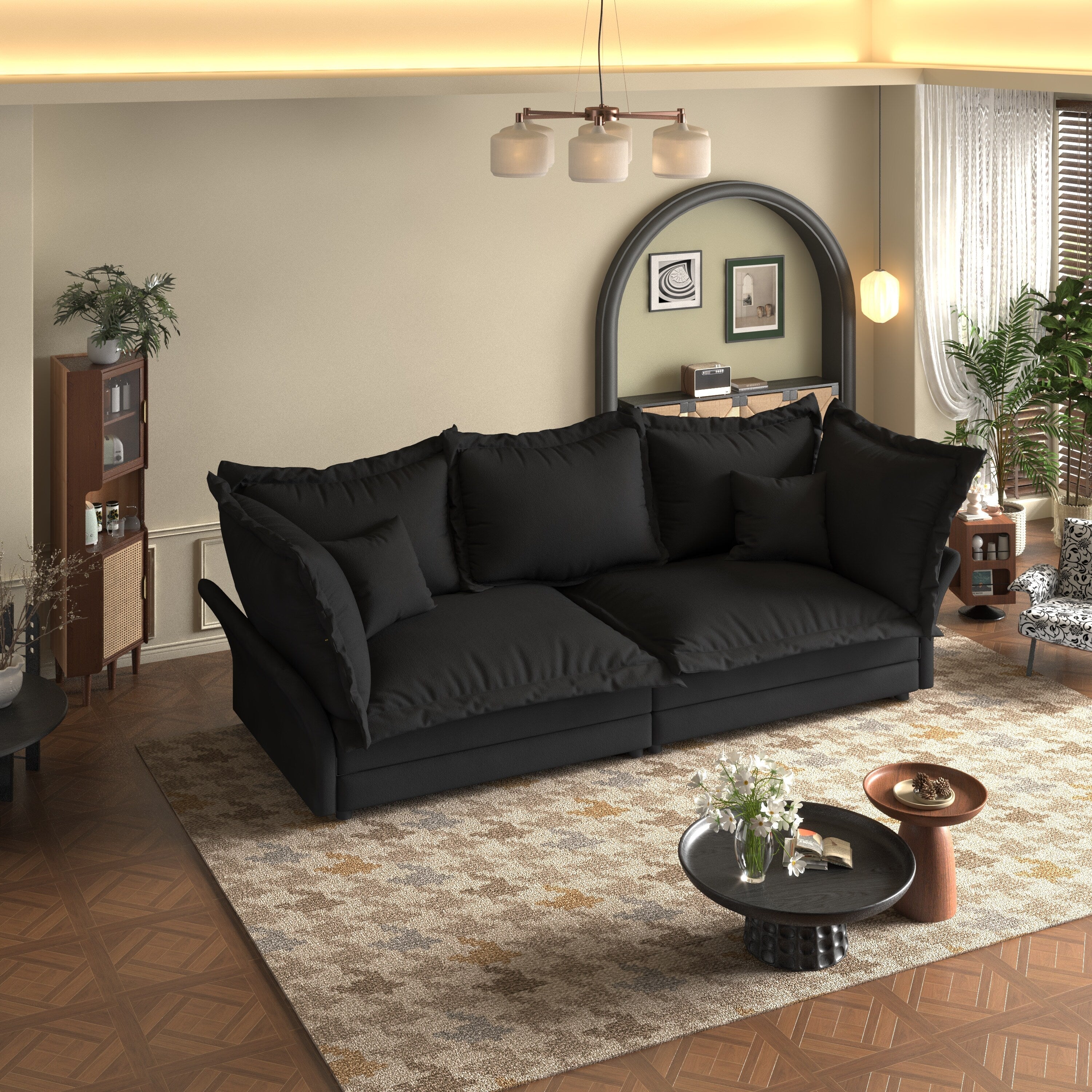 Canapés modernes à assise profonde avec plusieurs grands coussins moelleux