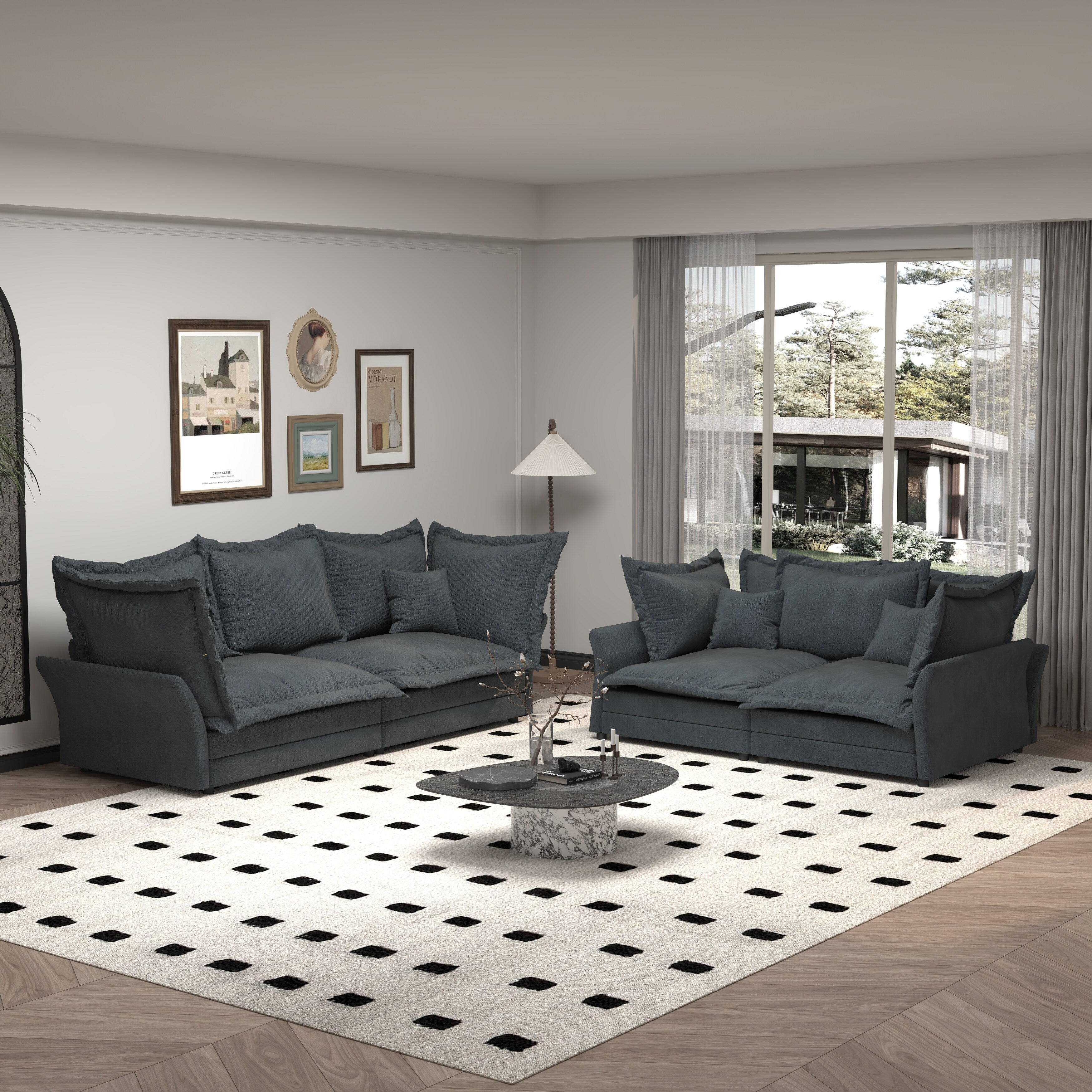 Canapés modernes à assise profonde avec plusieurs grands coussins moelleux