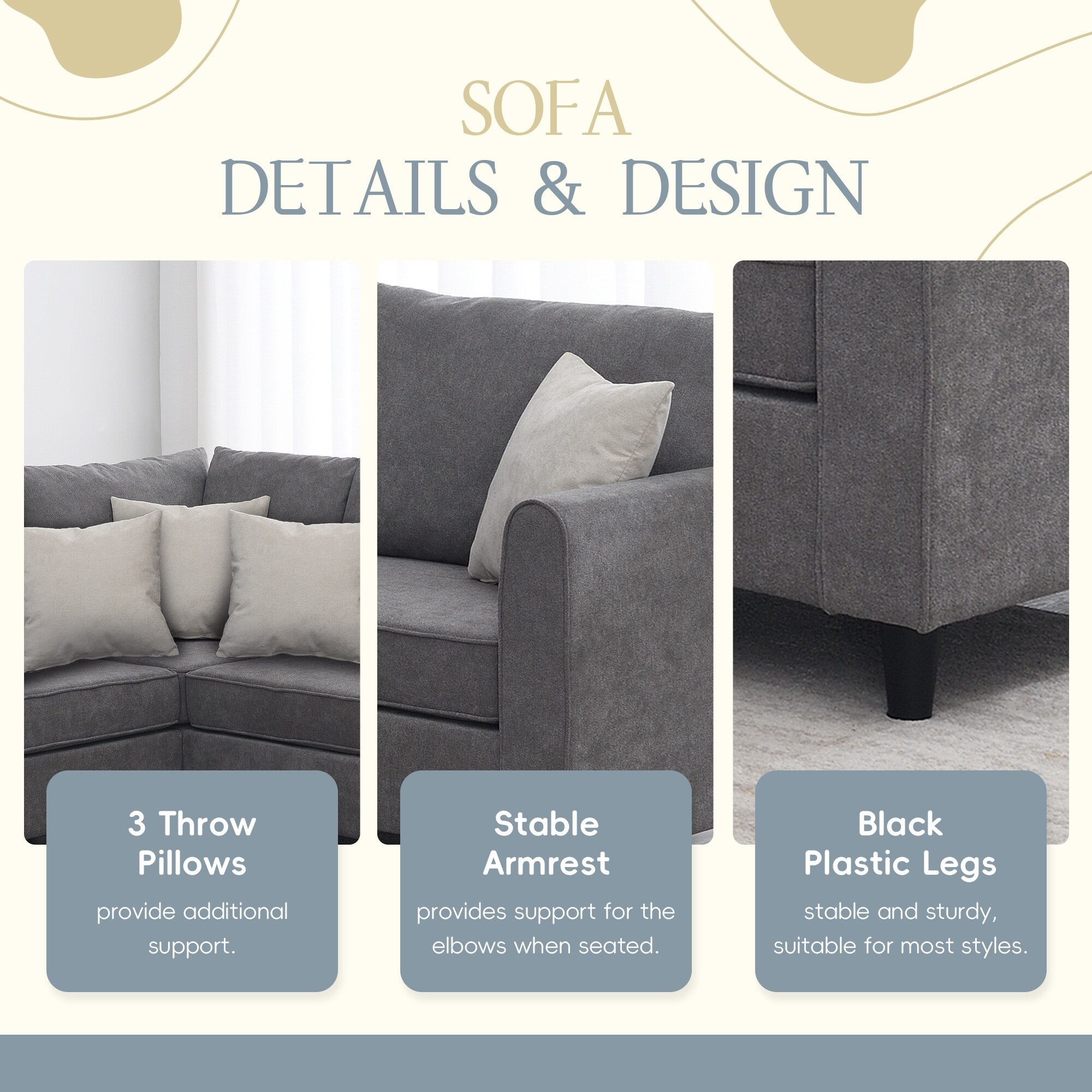 Canapé sectionnel de salon rembourré moderne 91 x 91 cm, canapé en L avec 3 coussins