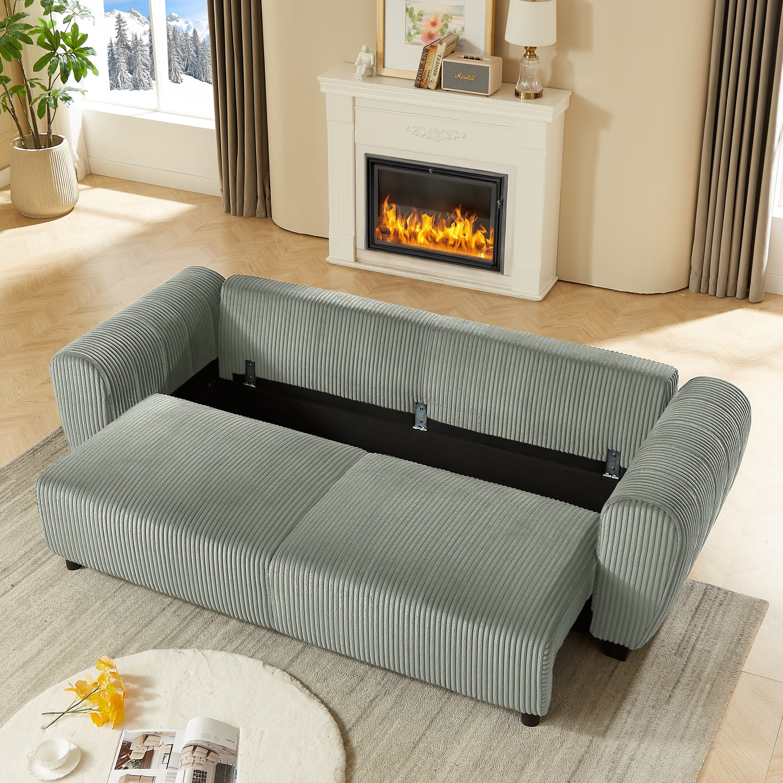 Canapé 3 places en velours côtelé 92.1 avec design convertible 2 en 1 et compartiments de rangement intégrés