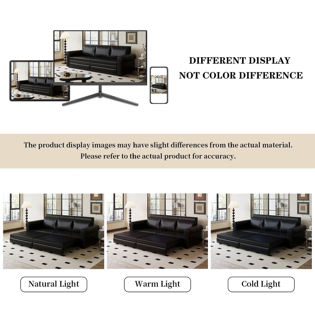 Canapé-lit 3 places en similicuir avec méridienne, style rétro avec garniture à rivets, 93,70 $