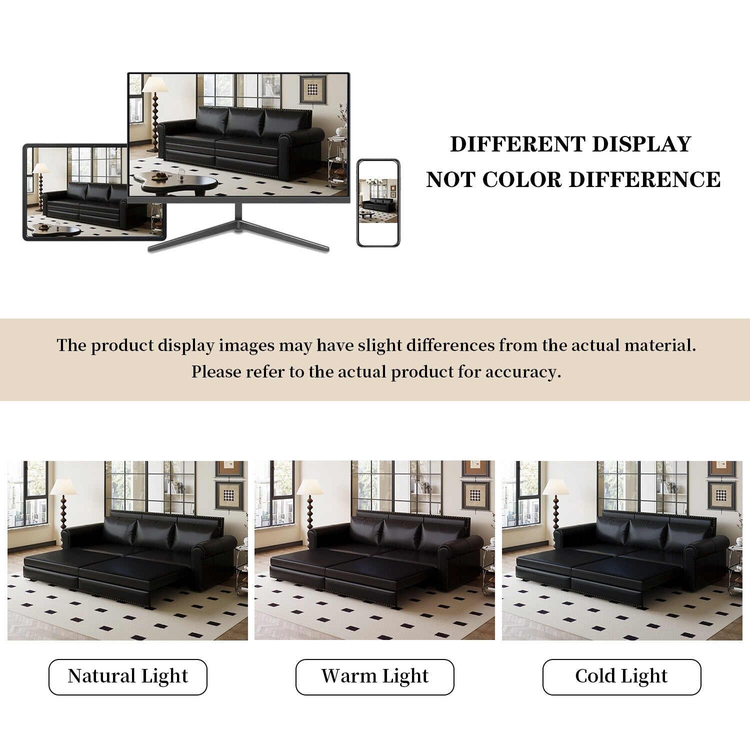 Canapé-lit 3 places en similicuir avec méridienne, style rétro avec garniture à rivets, 93,70 $